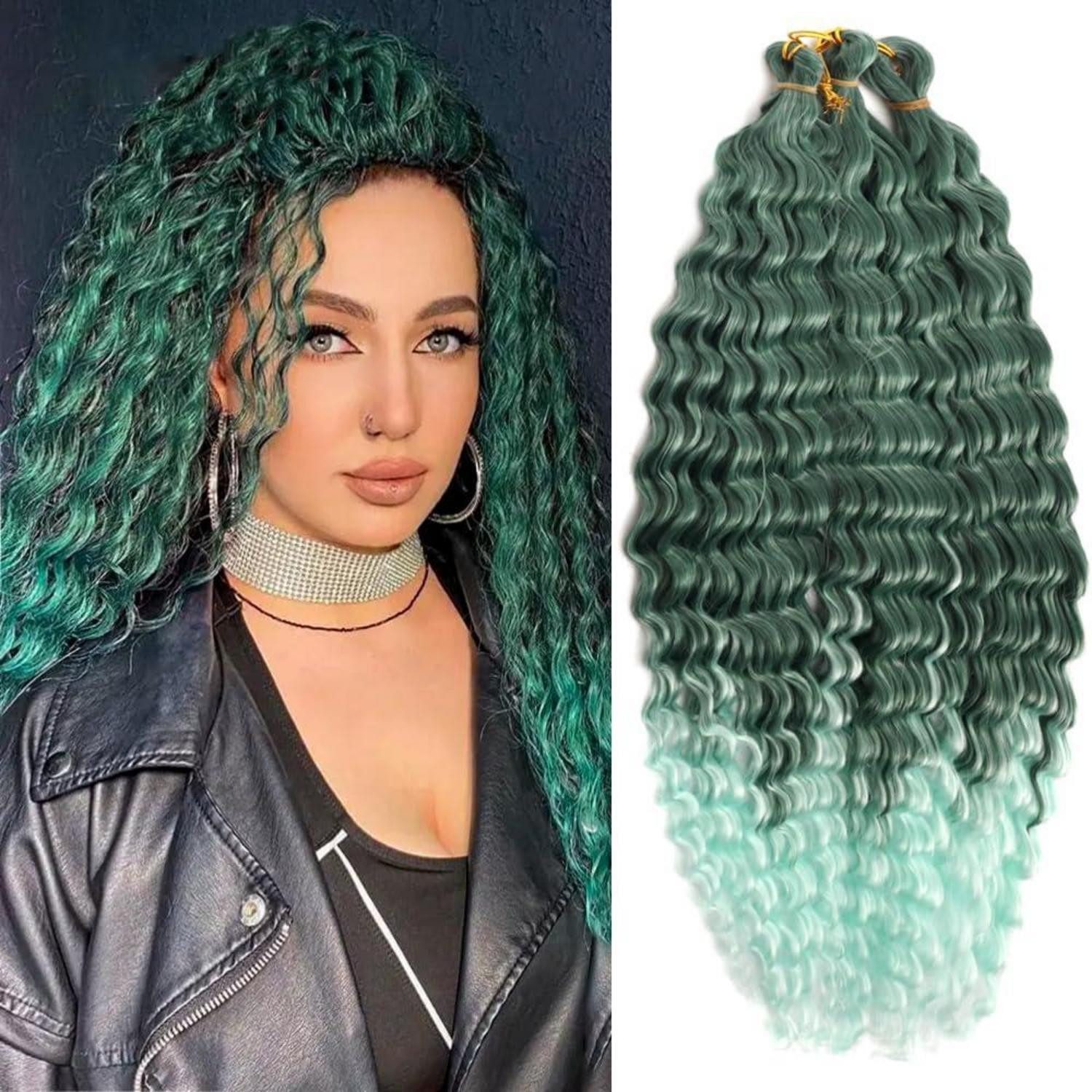 LuxusKollektion Kunsthaar-Extension Crochet Braids Deep Wave Curly Synthetische 22 Zoll 3 Pack Grün Ombre