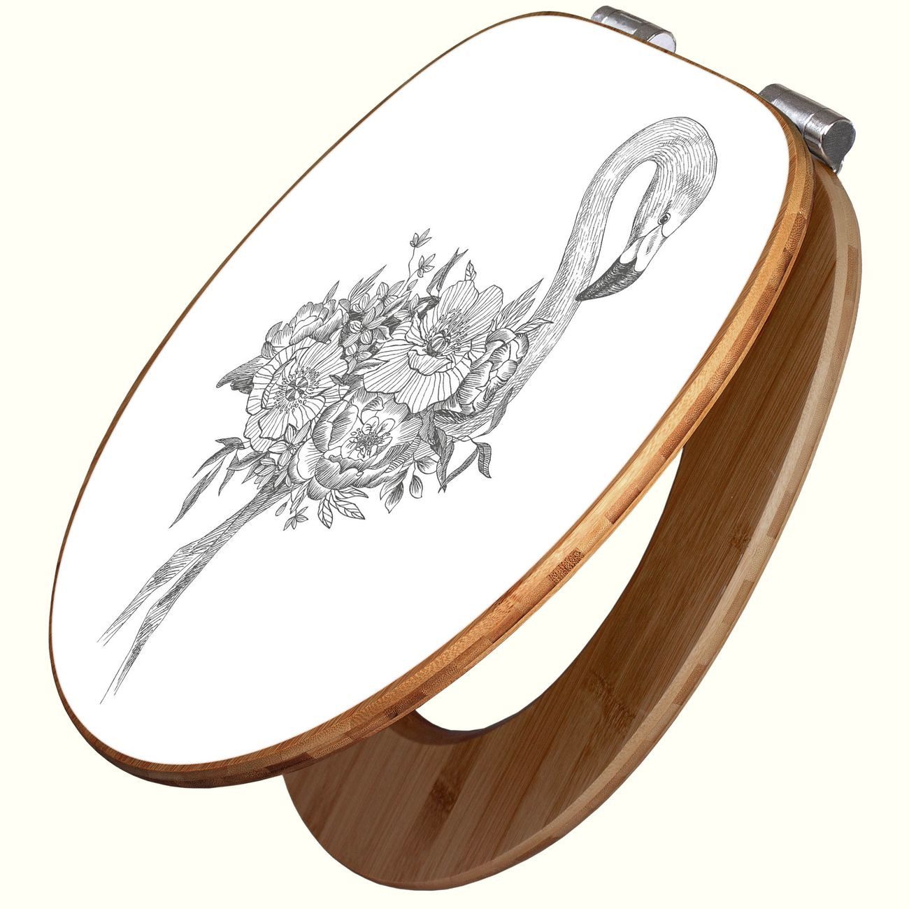 banjado WC-Sitz aus Bambus mit Absenkautomatik Motiv Flamingo Blumen 2 (umweltfreundliches Material, integrierte Absenkautomatik), 45,8 x 37,5 x 5 cm
