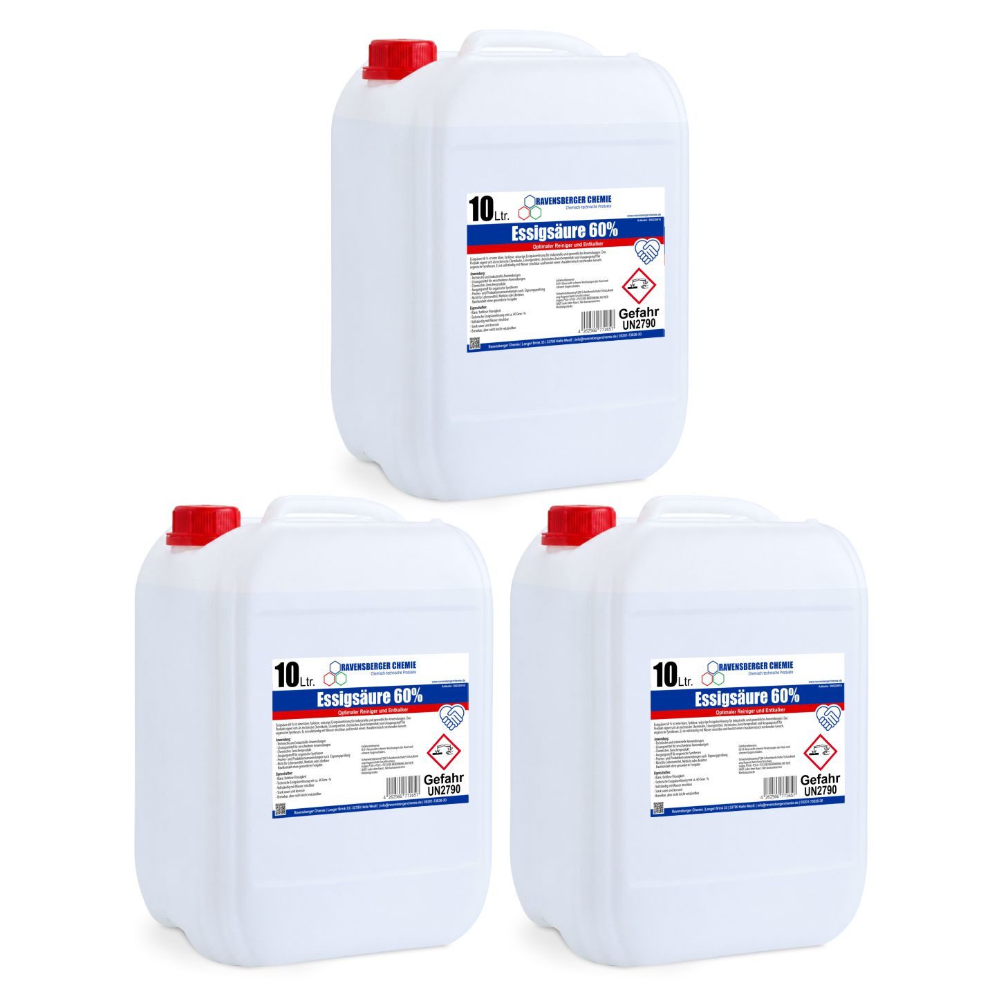 Ravensberger Chemie Essigsäure 60% - für Haushalt, Garten & Industrie Essigreiniger (3-St. 10L Essigsäure 60 % – Konzentrierter Reiniger und Entkalker)