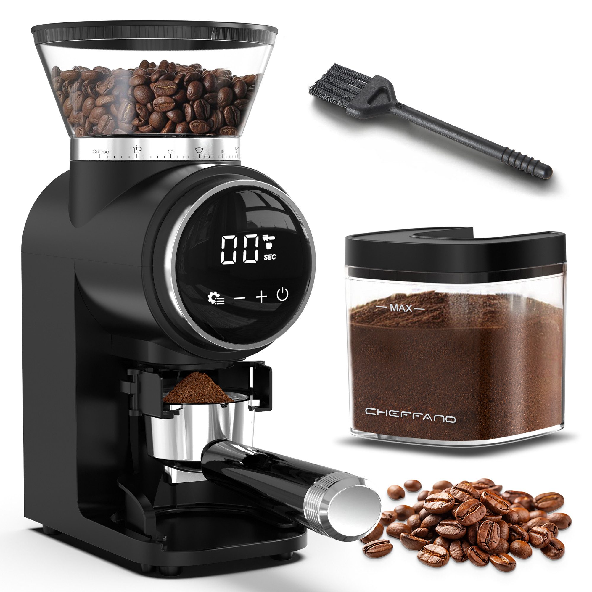 CHEFFANO Kaffeemühle Kaffeemühle mit konischem Mahlwerk und 30 Mahlgradstufen, Touchscreen, 150 W, konischer Fräser, Langlebiger konischer Fräser