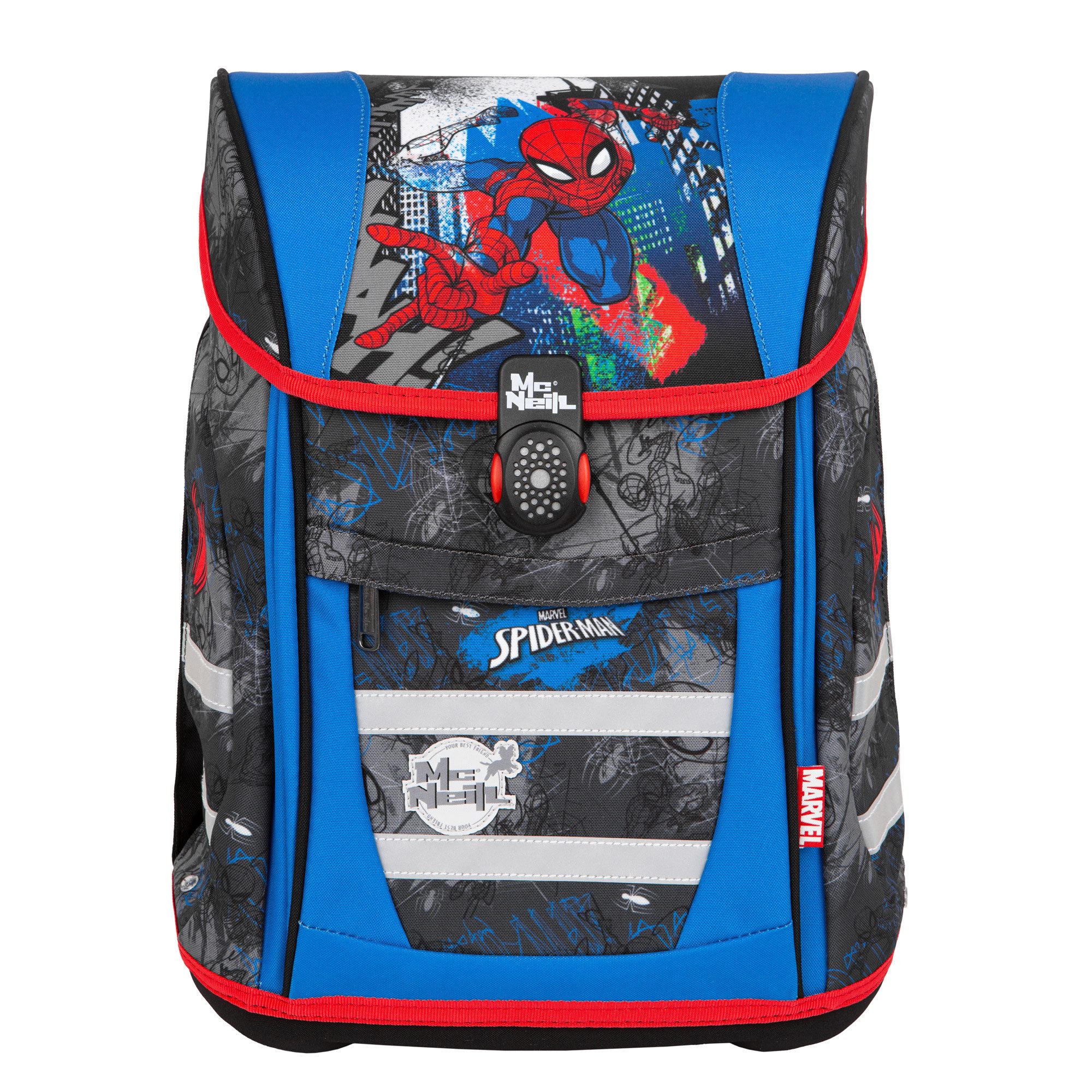McNeill Schulranzen TENERIS Spider-Man 4-teilig mit Etui, Schlampermäppchen & Sportbeutel (Spar-Set, mit Sportbeutel, mit Schlamperrolle, mit Federtasche, mit Schlampermappe), Air-Flow Rückensystem, Leichtgewicht ca. 980 g, 4-teiliges Set