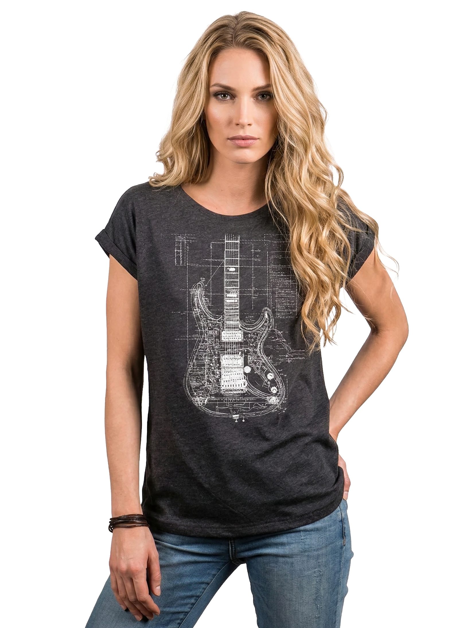 MAKAYA Print-Shirt Damen Gitarrenmotiv Gitarre Festival Outfit Rock Kurzarm Top (Schwarz, Blau, Grau, Grün, 34, 36, 38, 40, 42, 44, 46, 48, 50) große Größen
