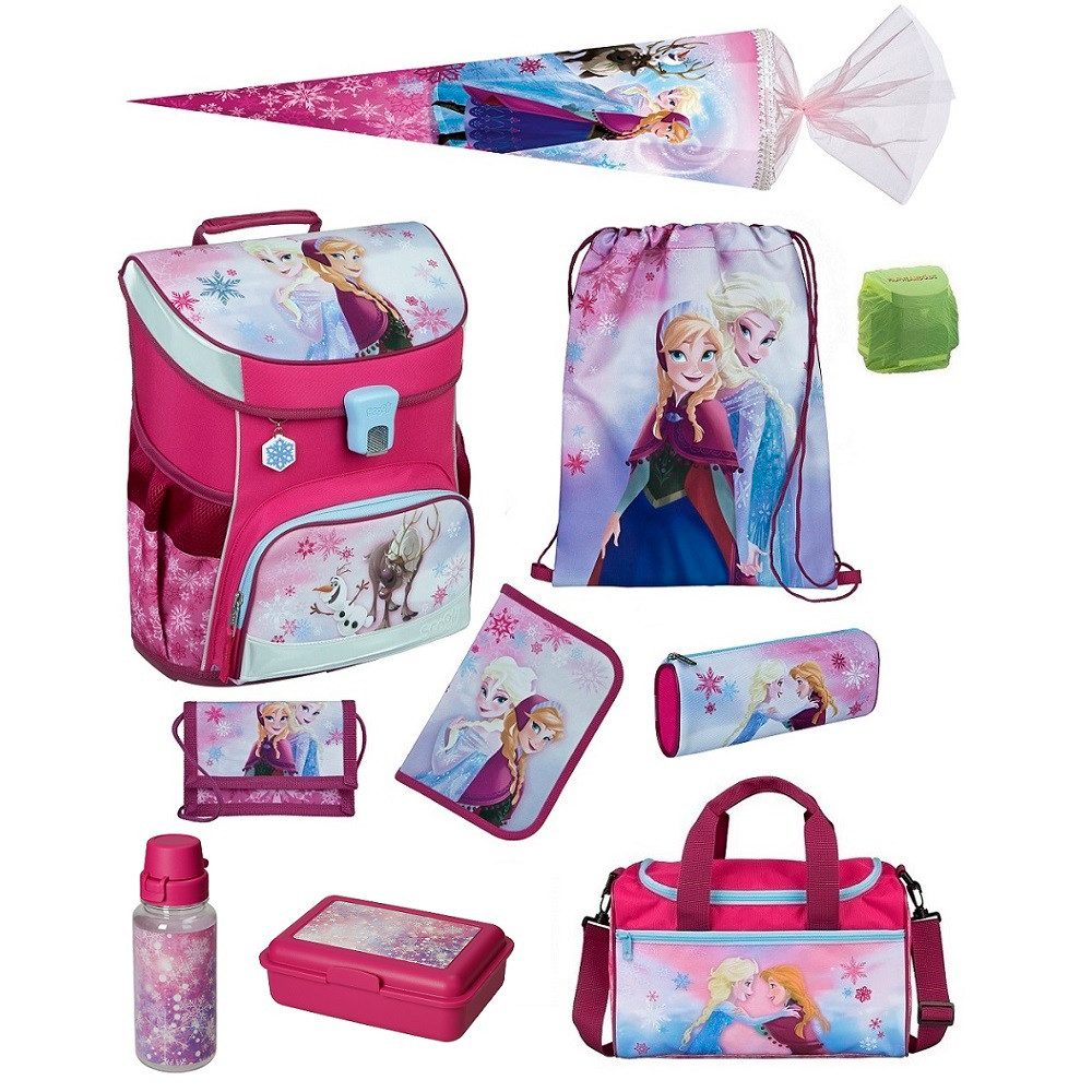 Scooli Schulranzen Campus Fit Frozen Schulranzen für 1.-4. Klasse - 980 Gramm - 18 L Vol (Set, 10-tlg., inkl. Sporttasche und Schultüte / Zuckertüte), mit ANNA und ELSA - Die Eiskönigin