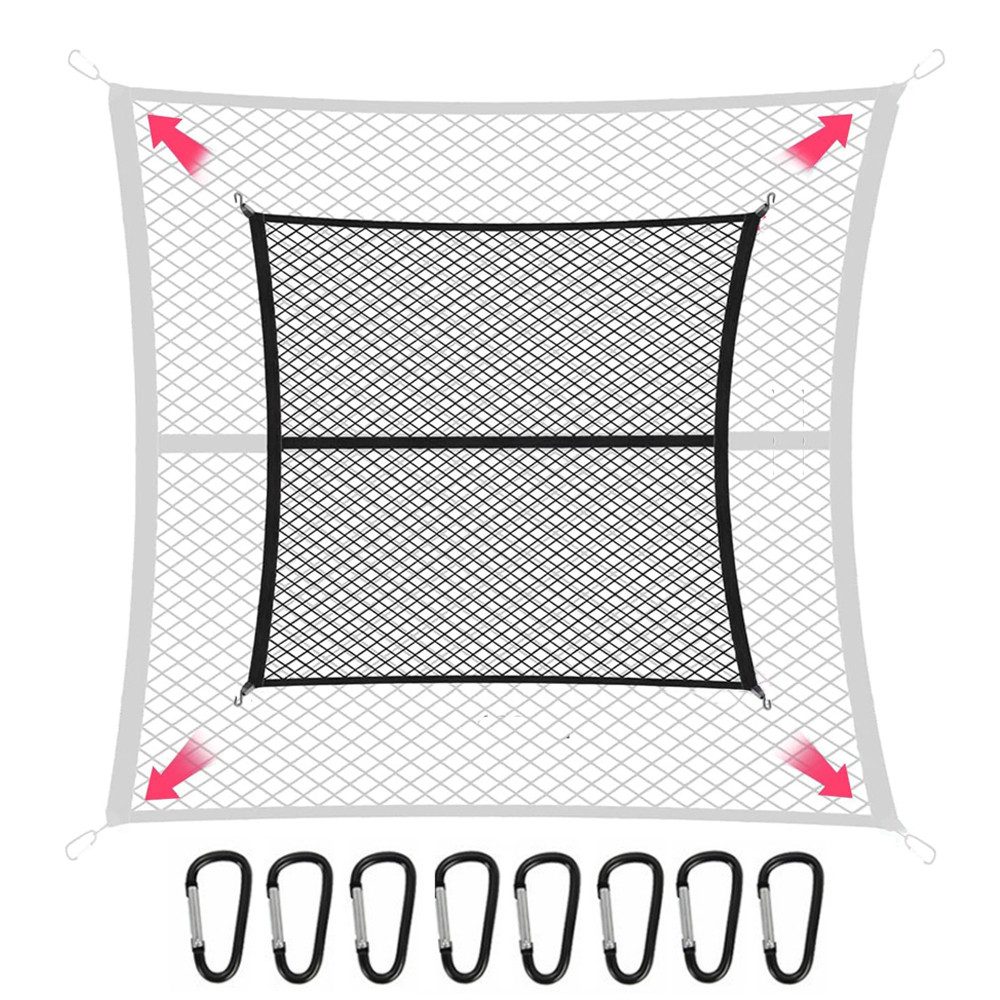 PRIISF Anhängernetz Abdecknetz Auto Großen Gepäcknetz LKW Ladungssicherungsnetz Gummiseil, (Kofferraumnetz Elastischer LKW-Bett-Organizer mit 8 Stahlkarabinern, dehnbar bis 210x210cm Wohnmobil Gepäck Trenn Kofferraum Netz), Universal für große SUVs, Transporter, Busse, Vans, Fahrrad, Motorrad