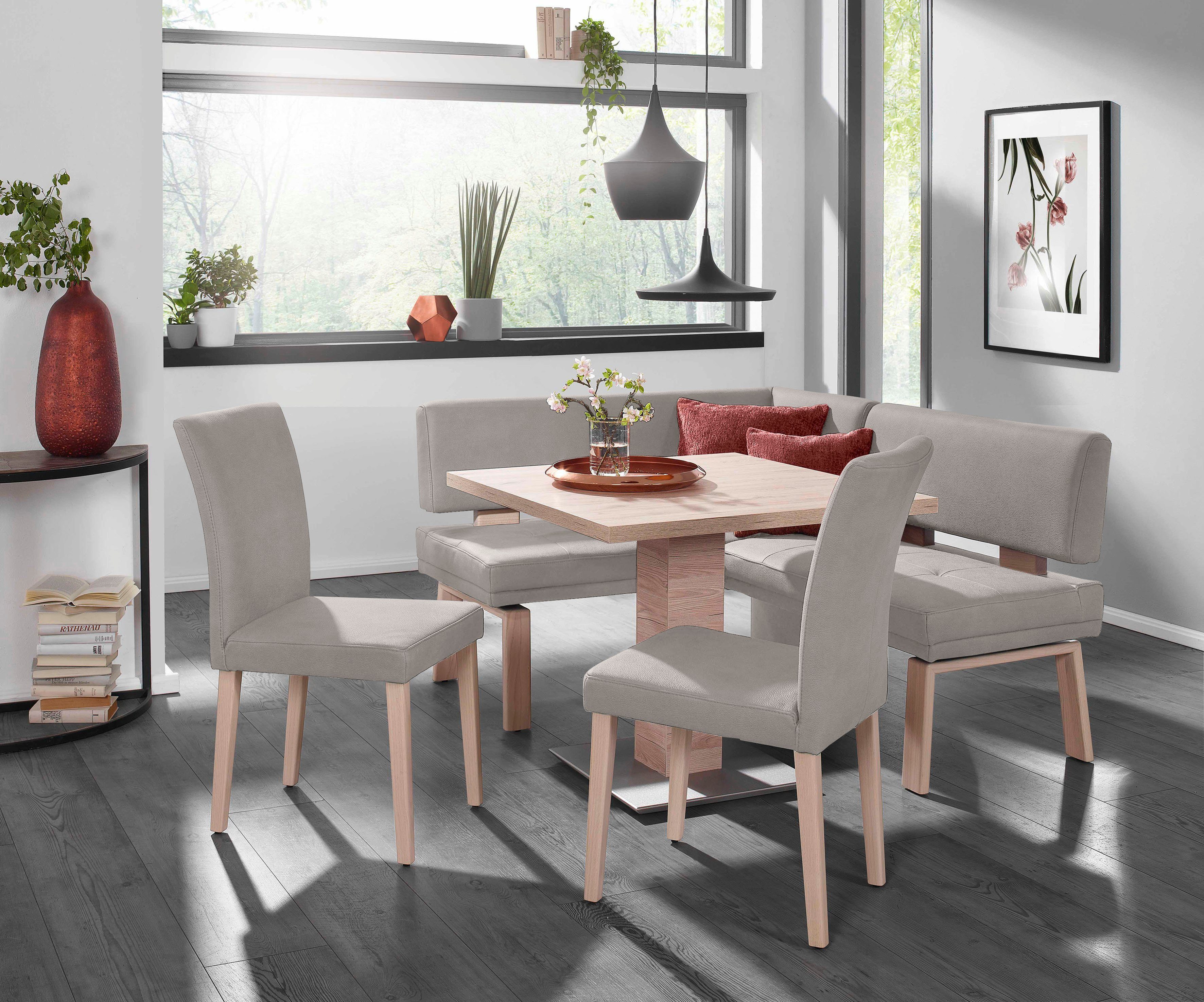 Tisch Santos & 157cm, 90x90cm zwei Schenkel rechts/links Eckbankgruppe Wohnen I, 4 Holzstühle Komfort lightgrey K+W (Set), und