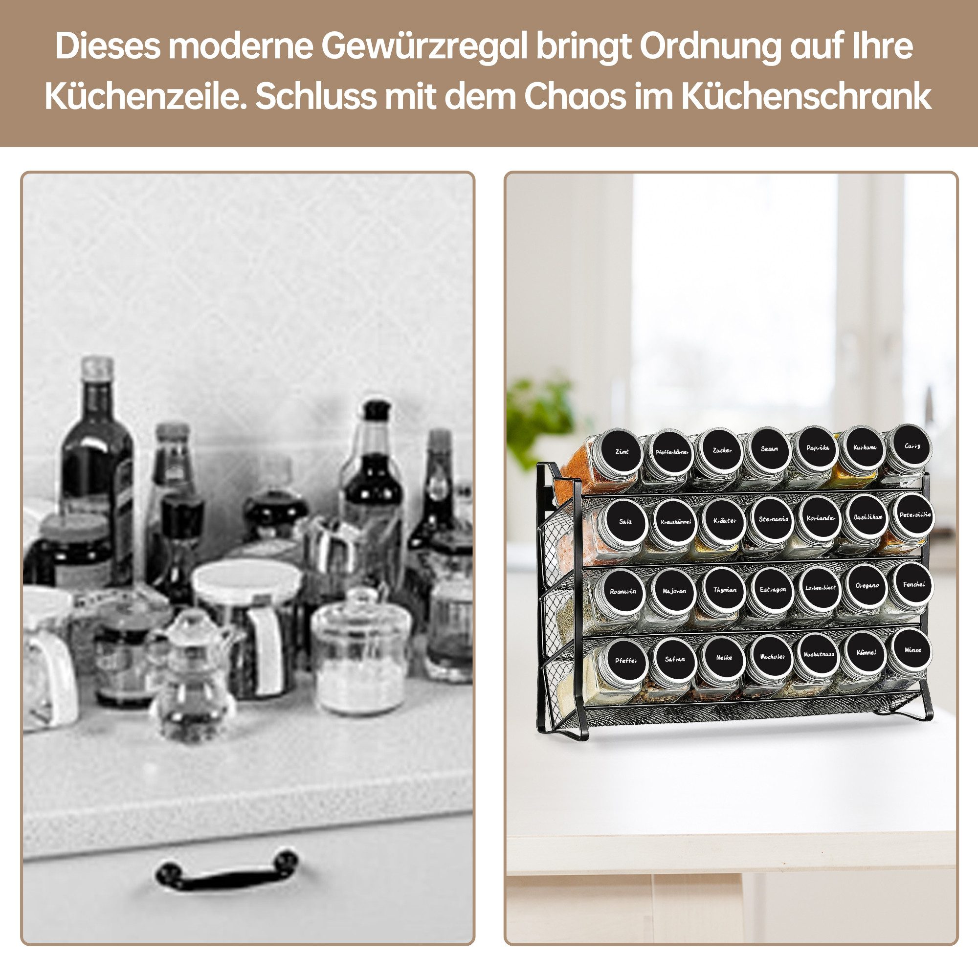 SEHAUSEU Gewürzregal Gewürzregal 4Etage mit 28 Gläsern schwarz Metall, 120 Gewürzetiketten, 28-tlg., 1 Flaschenbürste, 1 Trichter, 1 Stift – Bild 5 von 5