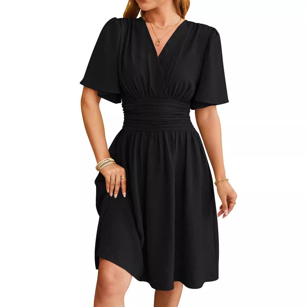 B.X A-Linien-Kleid Formelle Kleider für Damen, Wickel V-Ausschnitt, kurze Ärmel Midikleid Damen-Kurzarm-Freizeitkleider, V-Ausschnitt elastische Taille Kleider