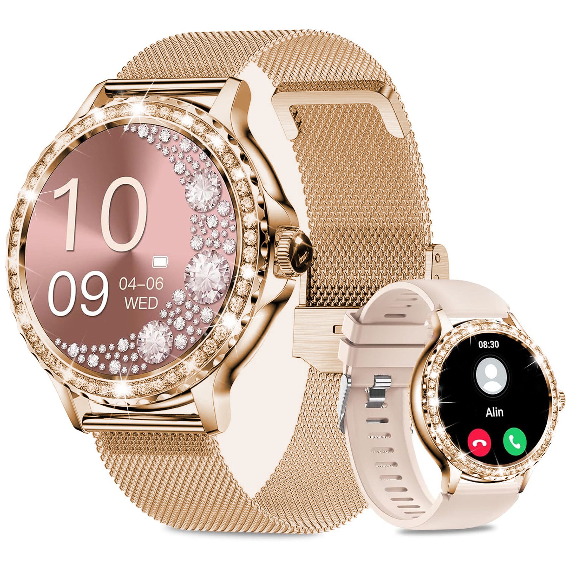 walkbee Smartwatch, Fitness Tracker Uhr für Damen mit Anruffunktion Smartwatch (3.3 cm/1,3" HD Full FarbbildschirmTouch Zoll) Diamant Damen Stahl Smartwatch,2 Austauschbare Armbänder, IP68 Wasserdicht Fitness Tracker Smart Watch, Frauengesundheit,Blutsauerstoff,Herzfrequenz,Blutdruckmessung usw