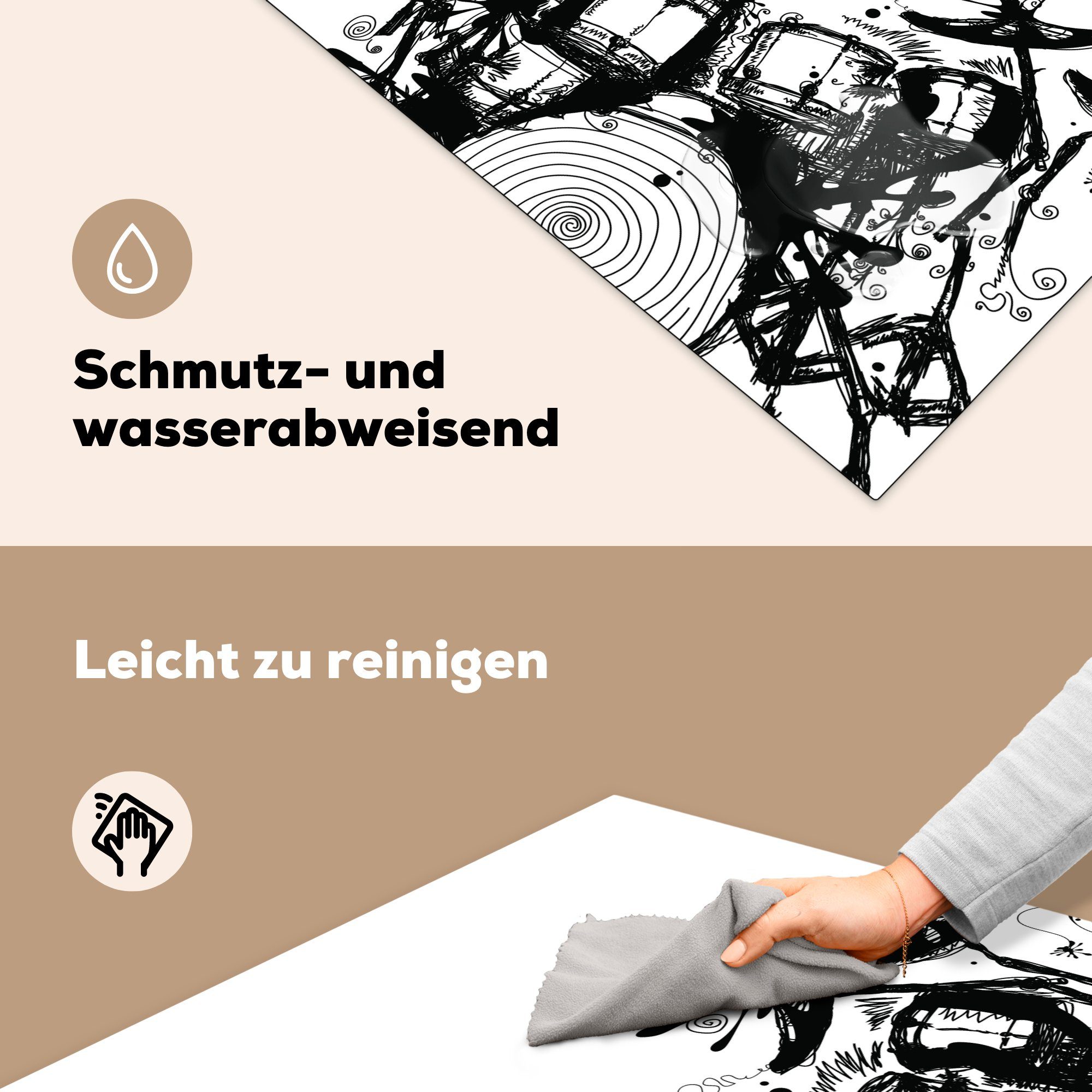 Vinyl, MuchoWow cm, Schlagzeugs, (1 Ceranfeldabdeckung, Schwarze tlg), für Herdblende-/Abdeckplatte Arbeitsplatte Illustration weiße eines küche und 78x78