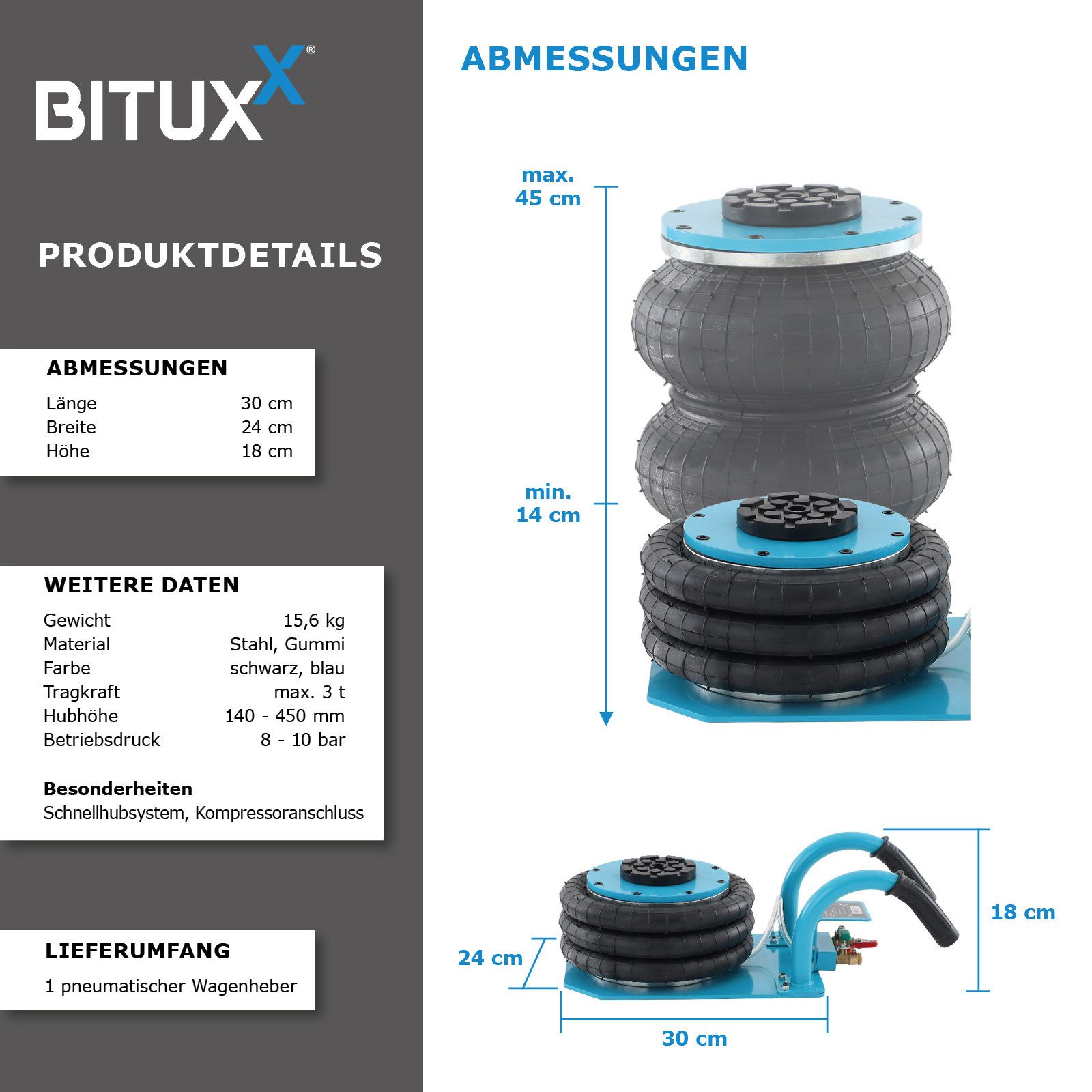 Bituxx Wagenheber pneumatisch 14-45cm bis 3000kg Druckluftbetrieb, max. Hubhöhe: 45 cm, MS-19548, Betriebsdruck: 8-10 bar – Bild 3 von 5