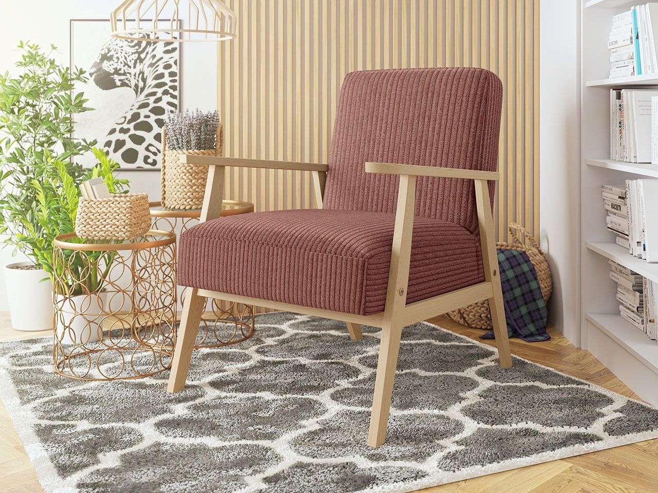 Mirjan24 Sessel Retro Cord, Polstersessel mit Holzarmlehne, Lehnstuhl