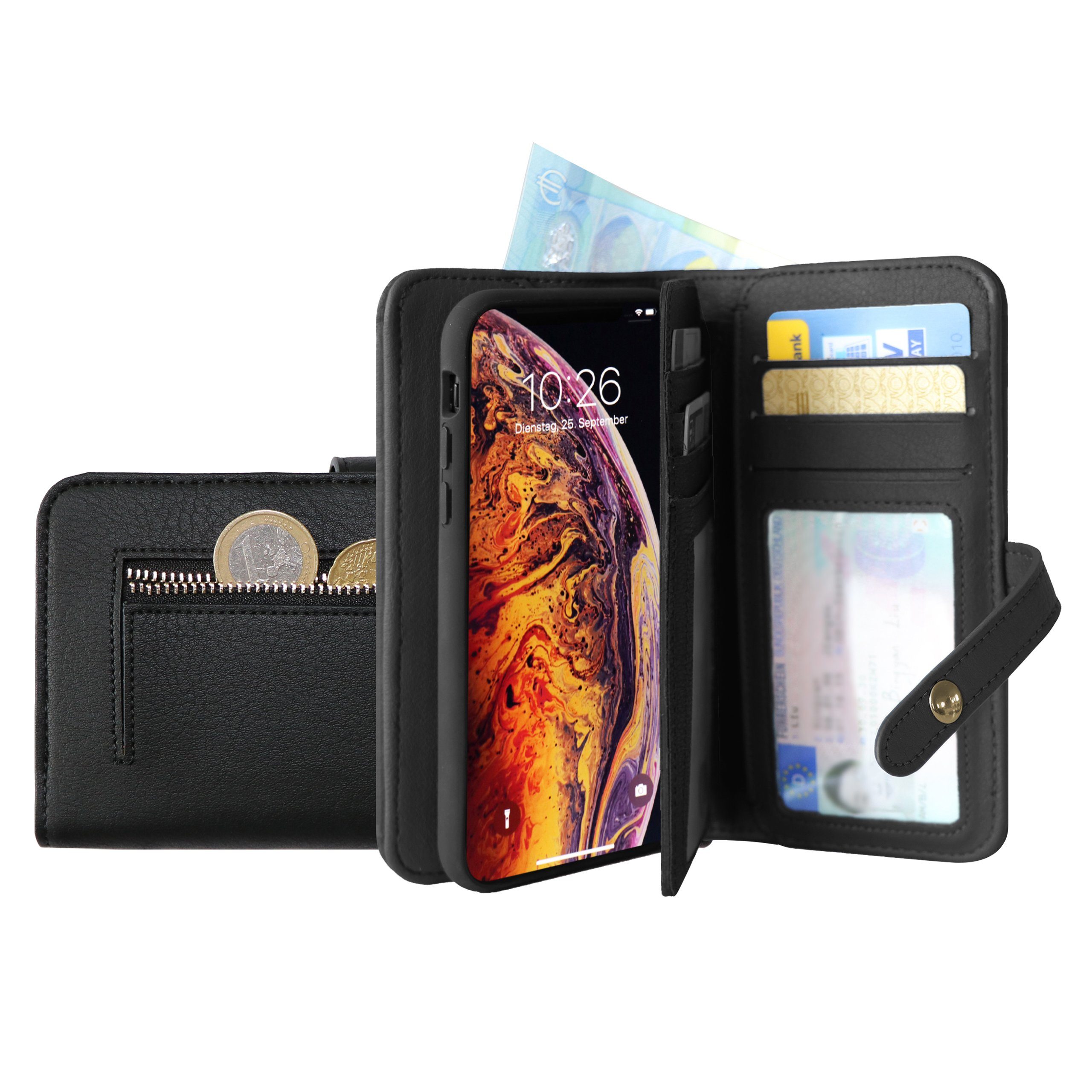 KMP Creative Lifesytle Product Handyhülle KMP GreenNu Wallet Comfort für  iPhone XS - schwarz, braun - nachhaltige Schutzhülle/Klapphülle aus  biobasiertem Leder - extra Karten- und Geldscheinfächer Hülle Handyhülle  Case, Design, Tasche, Hülle,