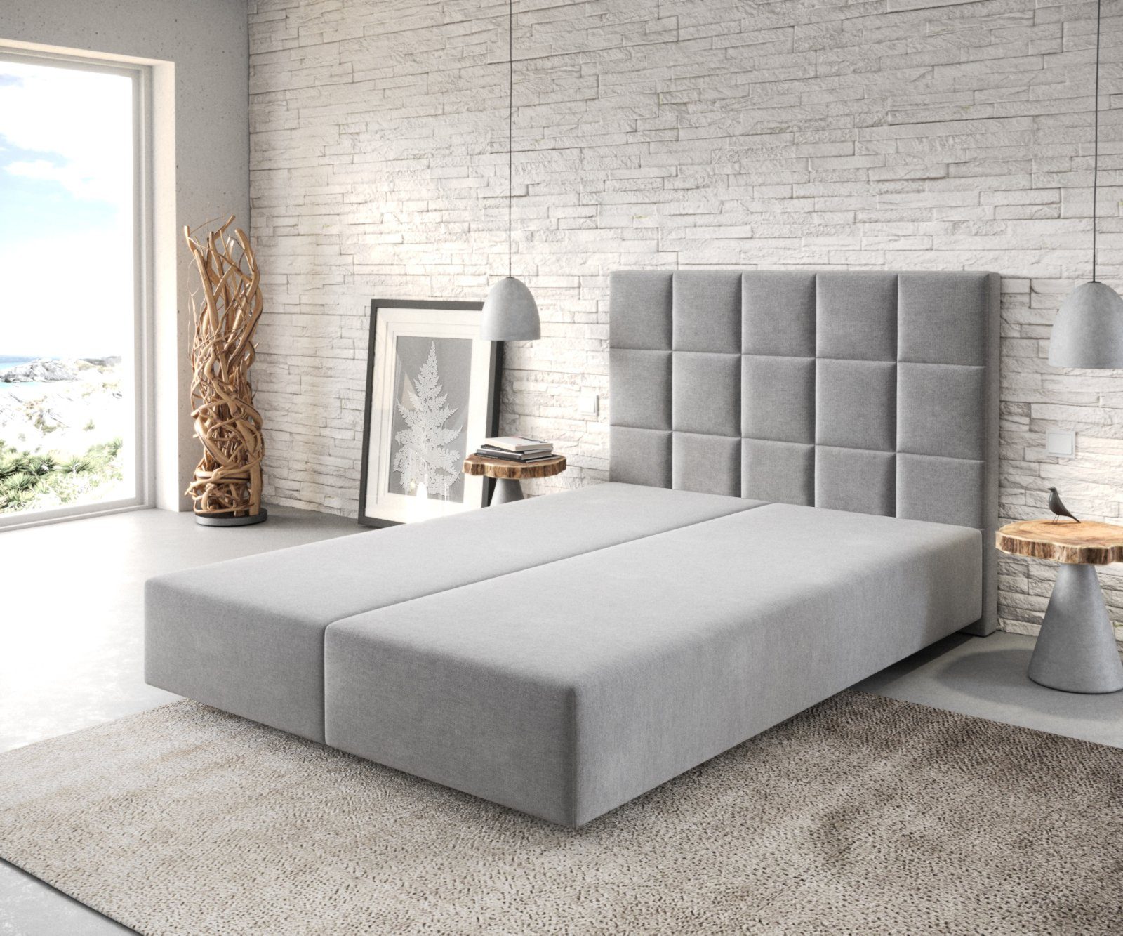 DELIFE Boxspringbett Dream-Fine, Mikrofaser Grau 140x200 cm