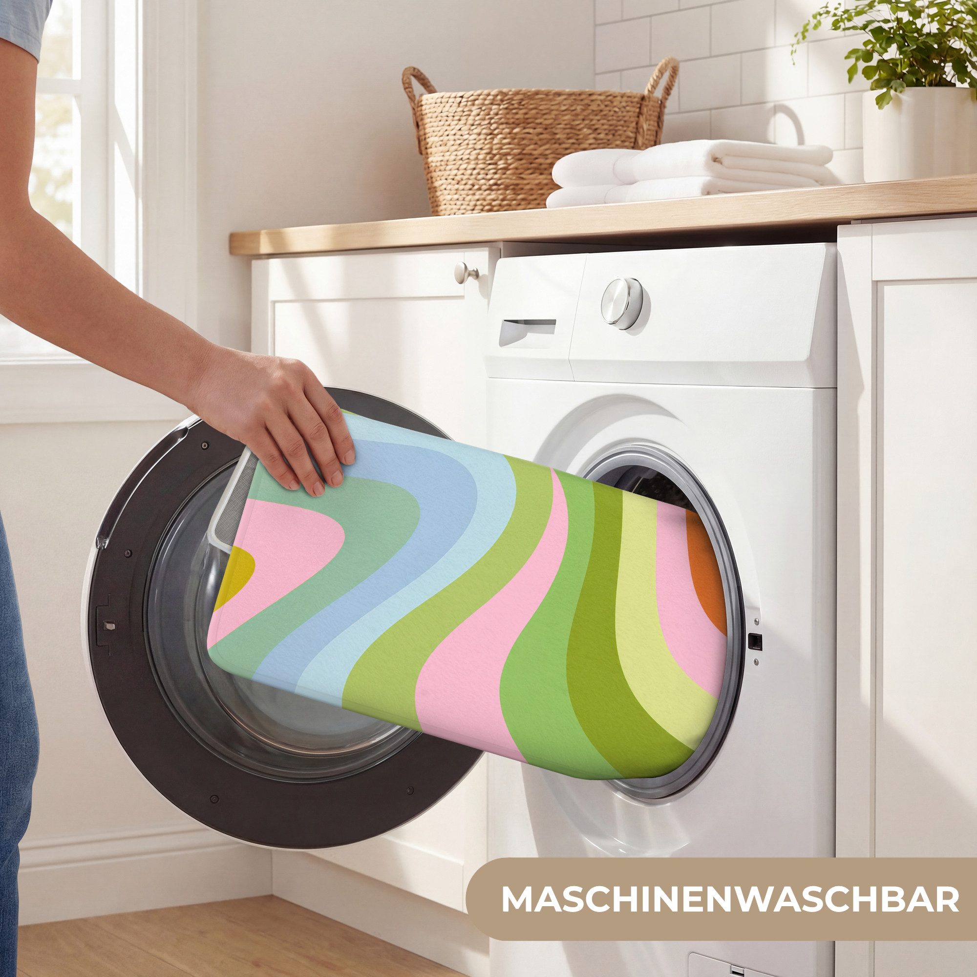 OnlyWow WC-Vorleger Linien - Pastelltöne - Wellenförmig, Höhe 10 mm, Polyester, Rechteckig, WC Teppich, Toilettenvorleger, Toilettenteppich, Badematte 40x60 cm – Bild 5 von 5