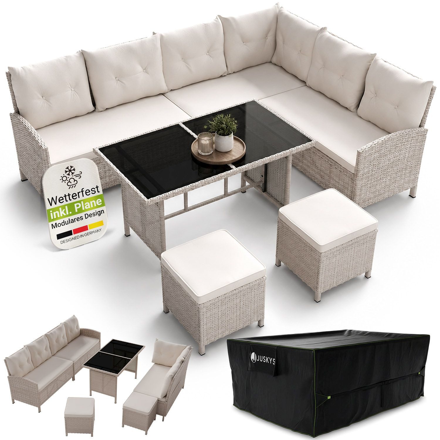 Juskys Gartenlounge-Set Manacor, (Gartenlounge), Polyrattan Gartenmöbel-Set mit Sofa, Tisch und Hocker inkl. Abdeckung