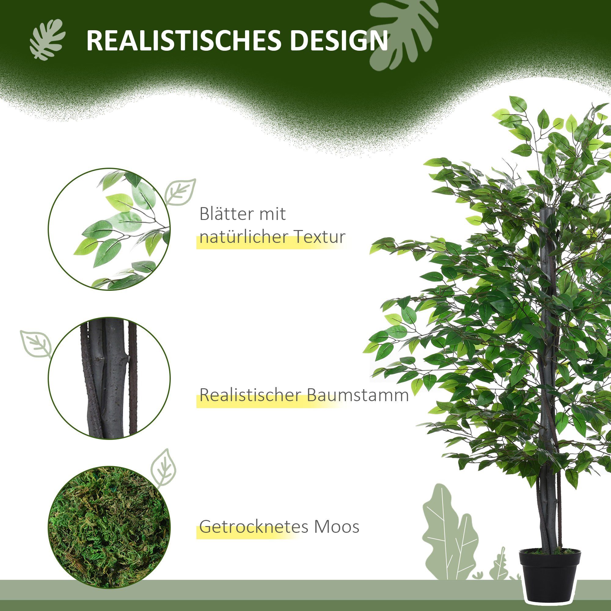 Kunstpflanze Künstlicher Ficus-baum, Kunstbaum, Fake Plant wie echt, für Büro Banyan, Outsunny, Höhe 145 cm, Grün v – Bild 5 von 5