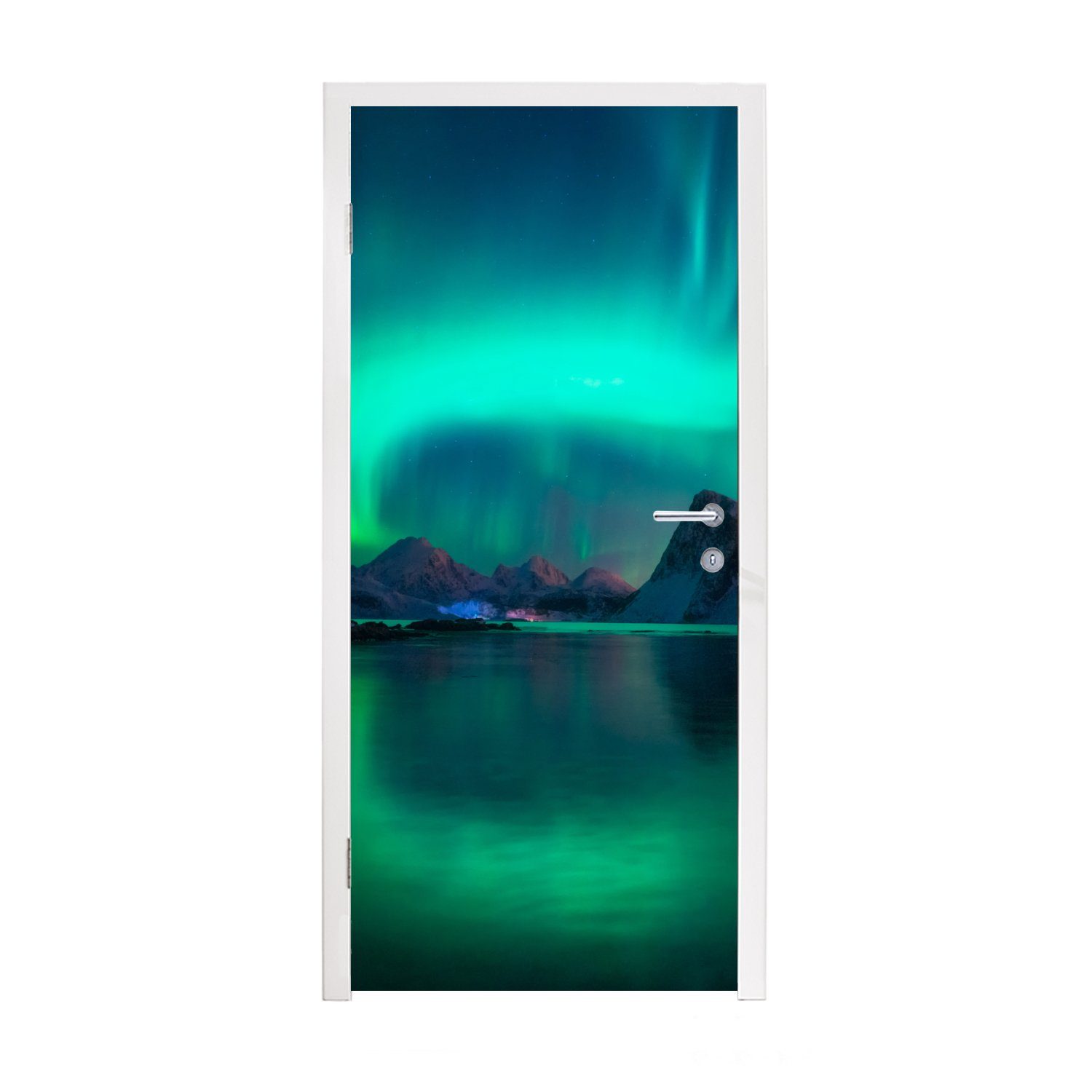 MuchoWow Türtapete Nordlichter - Berge - Norwegen, Matt, bedruckt, (1 St), Fototapete für Tür, Türaufkleber, 75x205 cm