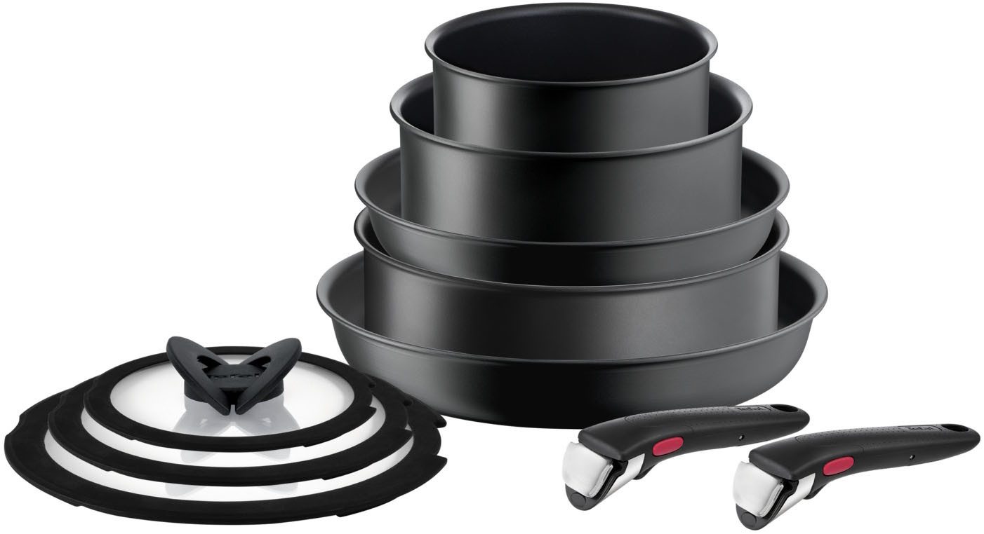 Tefal Topf-Set Ingenio Ultimate, Topf und Pfannenset abnehmbarer Griff, stapelbar, Aluminium (Set, 10-tlg., Kasserolle 16/20cm, Schmorpfanne 24cm, Pfanne 24/28cm, Deckel, Griffe), platzsparend, Pfannenset Induktion mit Antihaftversiegelung, L76491