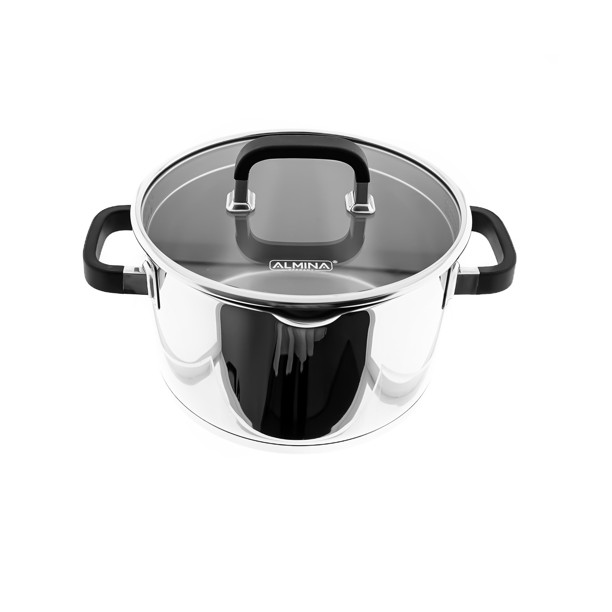 Almina Kochtopf Hochwertiges Kochtopf aus Edelstahl mit Silikongriff und Glasdeckel