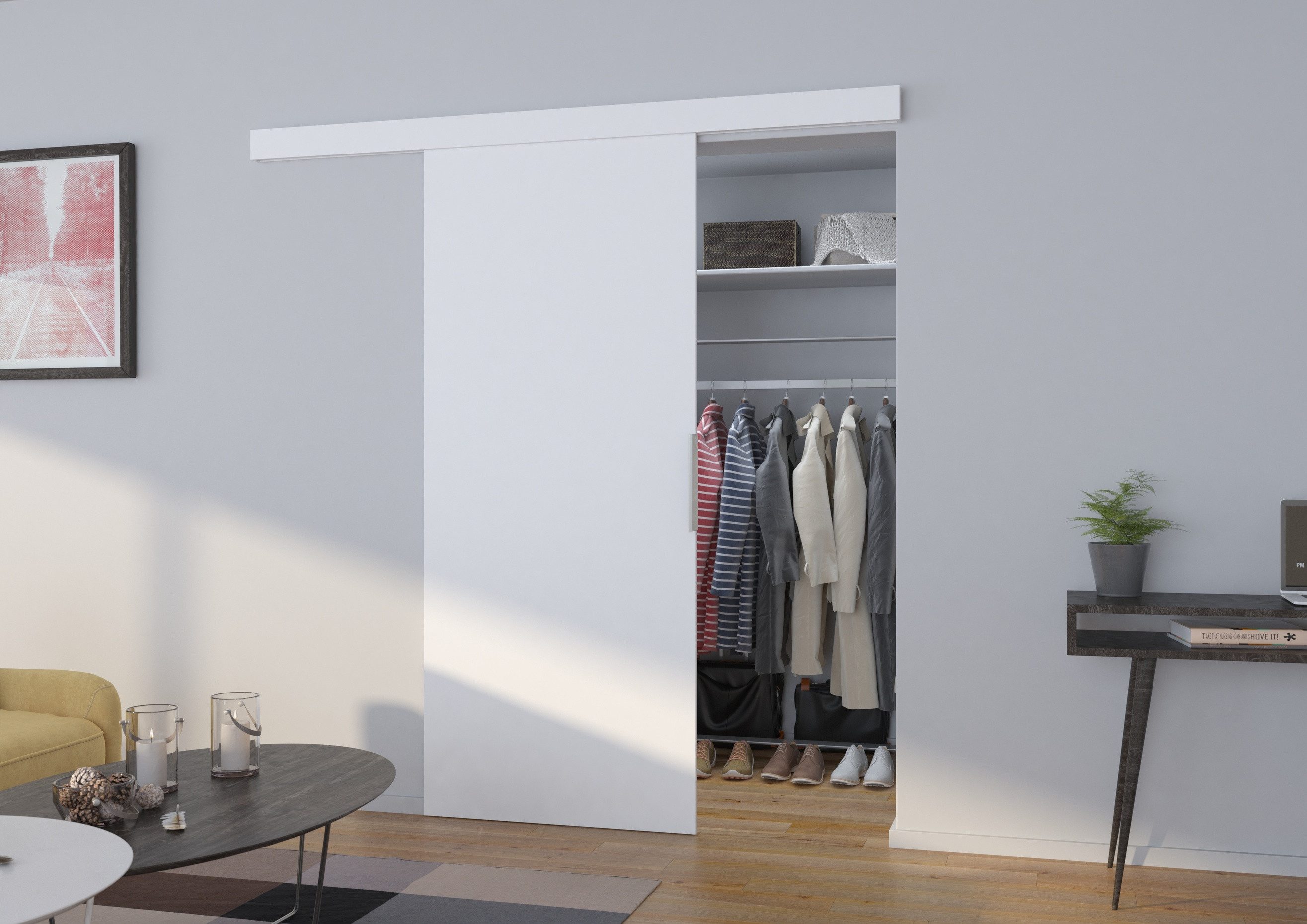 MOEBLO Schiebetür XINNEA (elegante Wandschiebetür, platzsparende Schiebetür aus 16 mm Laminat, wandmontiert, optional Soft-Close System, Schiebetüren Gleittüren Schiebetüre Schiebesysteme Türen auf Schiene Türen mit Schiebemechanismus), (BxHxT): 86 / 96 /