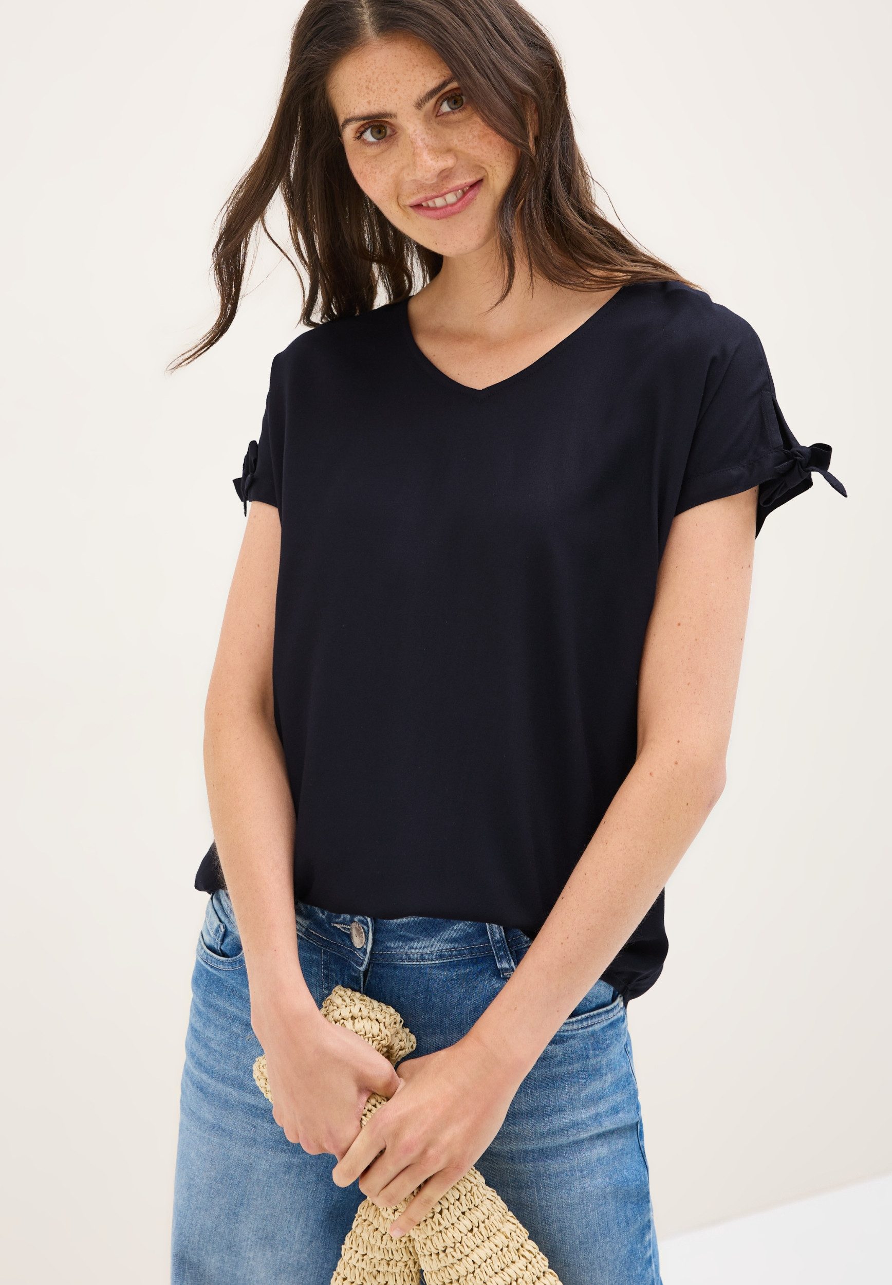 CECIL Kurzarmbluse TOS Solid Blouse w. Knot urban dark blue günstig online kaufen