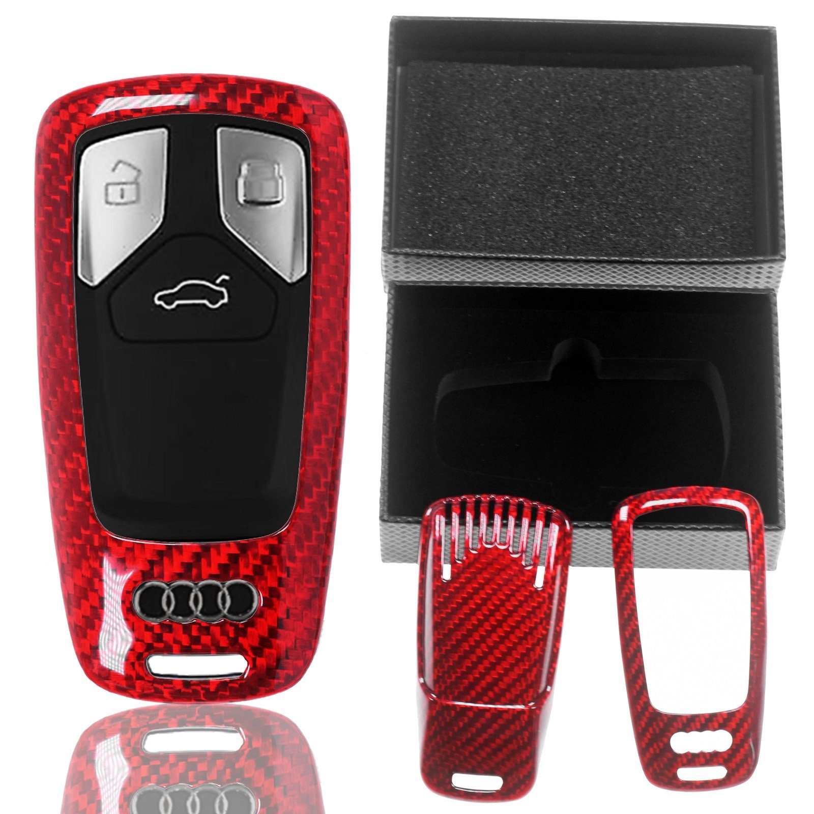 T-Carbon Schlüsseltasche Auto Schlüssel Carbon-Optik Schutz Hülle Rot, für Audi A3 A4 A5 A6 A7 TT Q2 Q5 Q7 A8 Q8 KEYLESS SMARTKEY