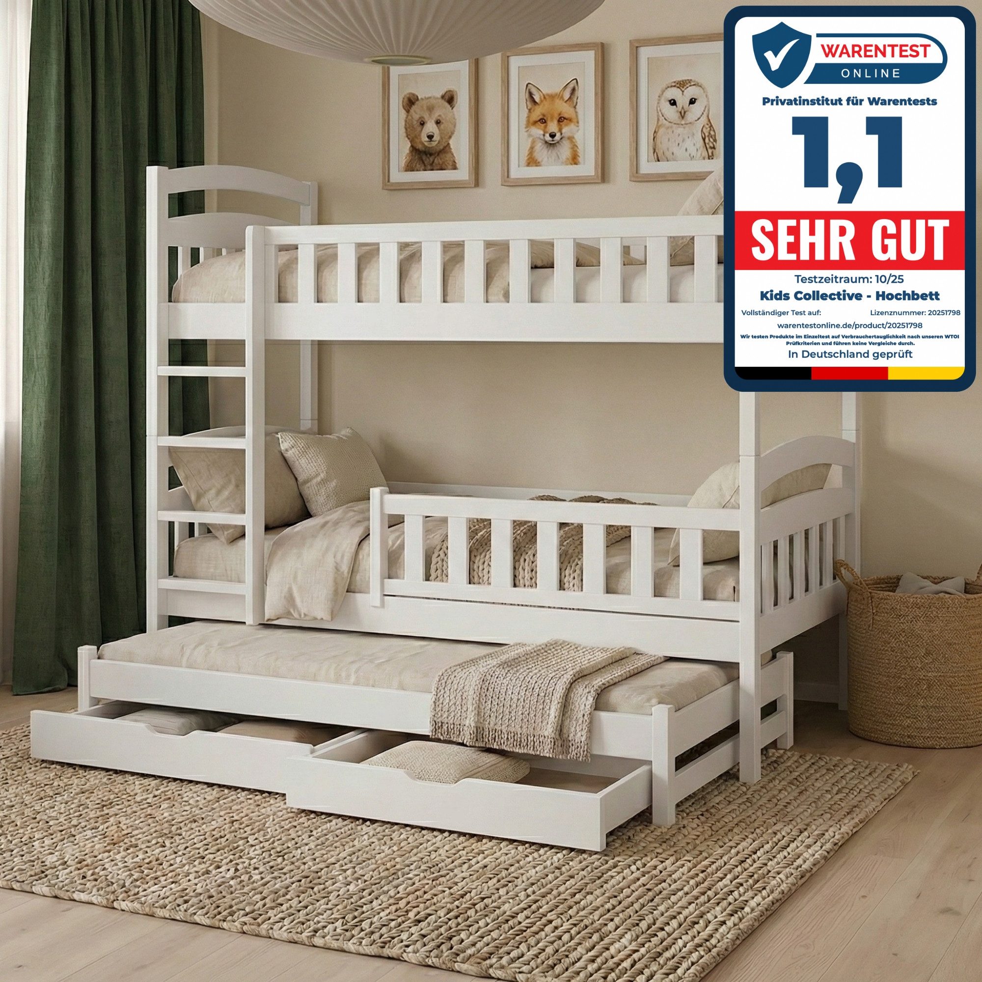 Kids Collective Etagenbett Hochbett Stockbett Kinderbett 90x200 cm mit Ausziehbett und Schubladen (Modell 2025), Umbaubar zu 3 Einzelbetten mit Lattenrosten & Rausfallschutz, weiß