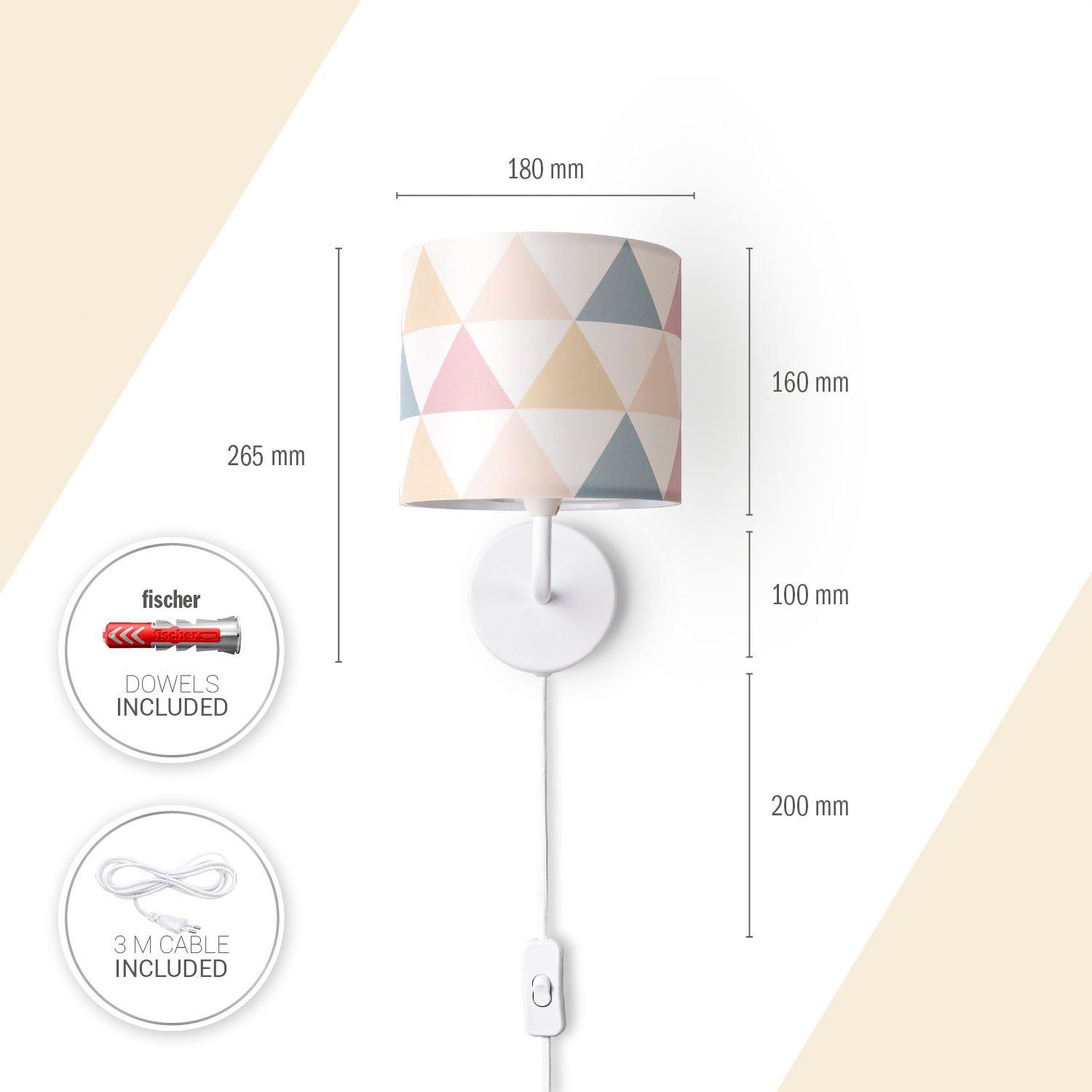 Paco Home Wandlampe Delta, Bunt Wandleuchte Luca Lampenschirm Leuchtmittel, E14 Textilschirm Dreieck Stoff Wandleuchte ohne