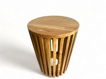 FaHome Beistelltisch Handgefertigt Teakholz Blumenhocker (Holzleisten an den Seiten - Rund), - Massivholz Natur in Modernem Design -