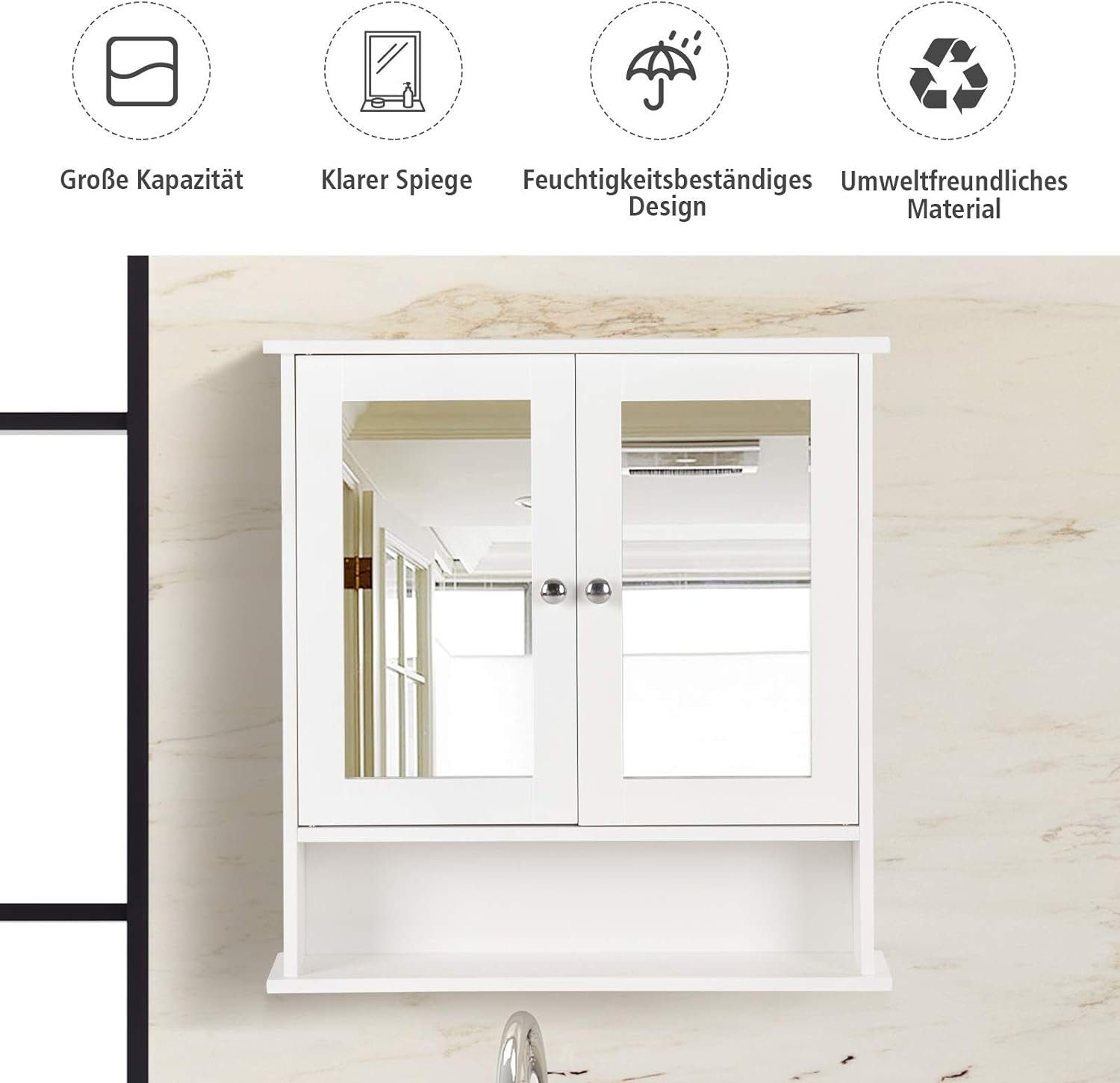 KOMFOTTEU Spiegelschrank Badezimmerspiegelschrank Wandschrank hängend, x 13 cm 56 x 58 weiß