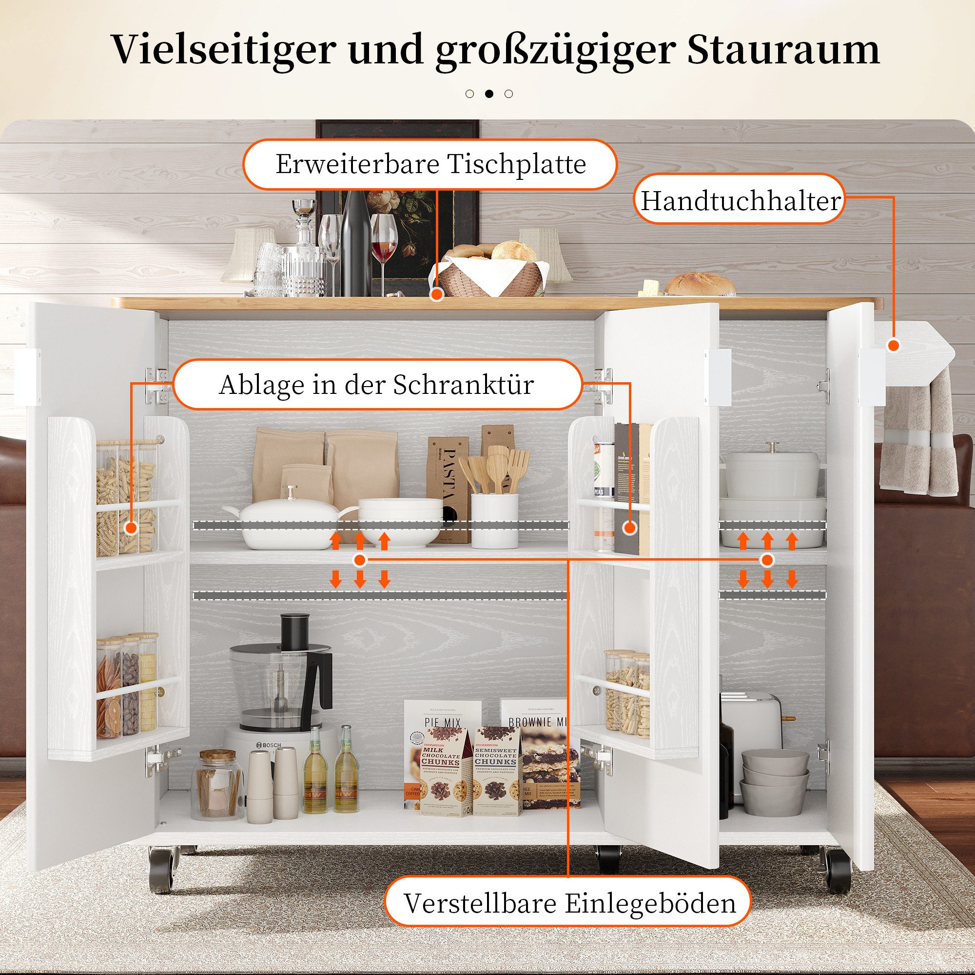 STILVORA Küchenwagen mit Arbeitsplatte,Kücheninsel Buffetschrank Ausziehbar mit Rollen, (mit Ausziehbarem Desktop, Handtuchhalter & 360° Rollen – Mobile Buffet-Lösung mit Gewürzregal)