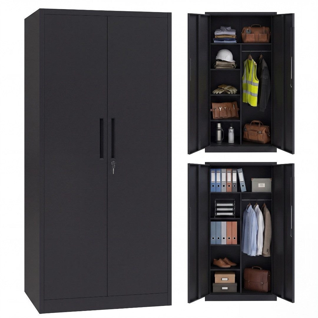 STEELSØN Garderobenschrank Regulus abschließbar (Schwarz, 1-St) Spindschrank aus Stahl mit 6 Fächern & 1 Kleiderstange, inkl. Schloss