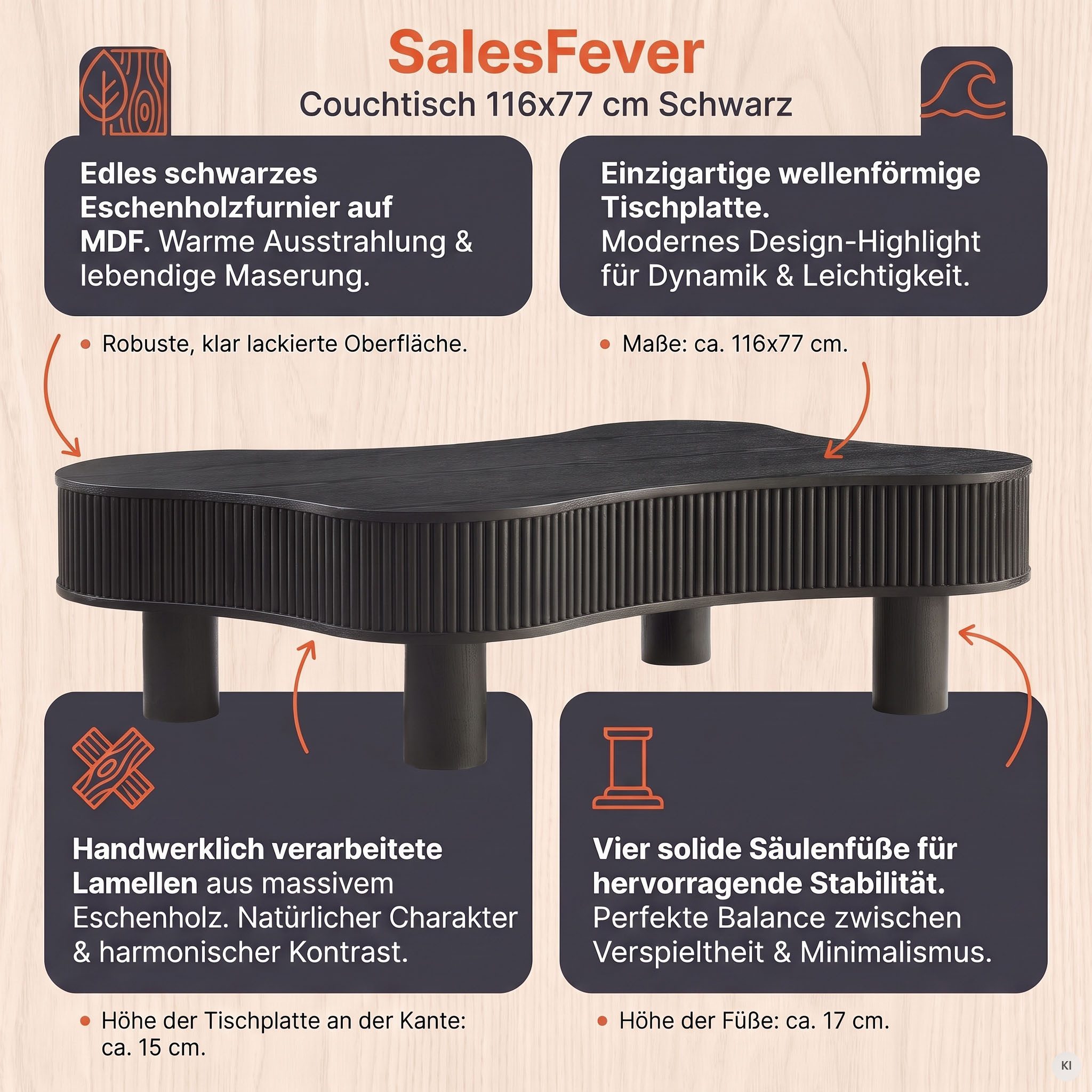 SalesFever Couchtisch Wohnzimmertisch organisch mit Massivholz-Lamellen 115 x 75 cm (1-St), Stilvoller & moderner Holztisch mit Echtholzfurnier