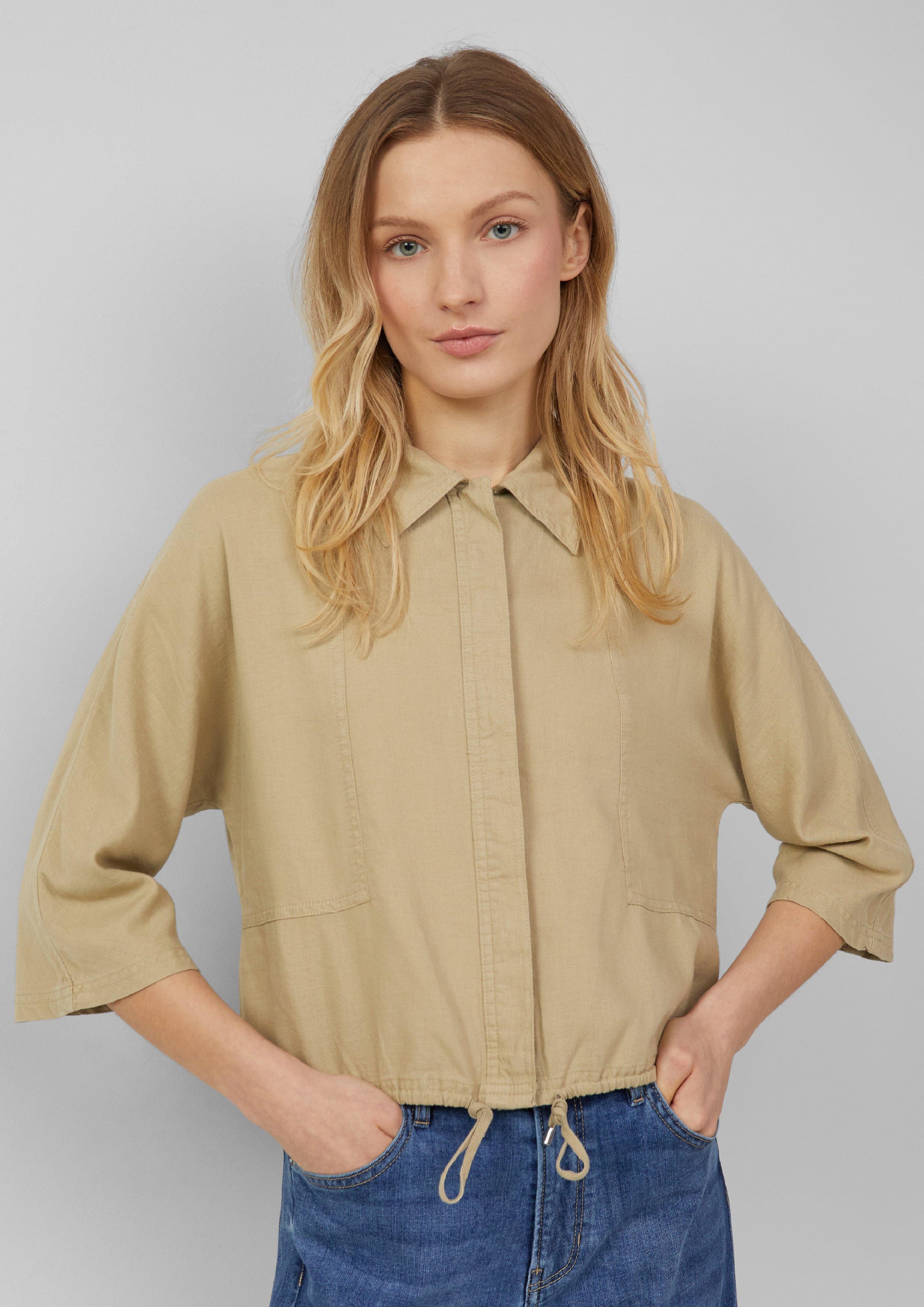Langarmbluse Leinenmix-Bluse im O-Shape mit Fledermausärmeln