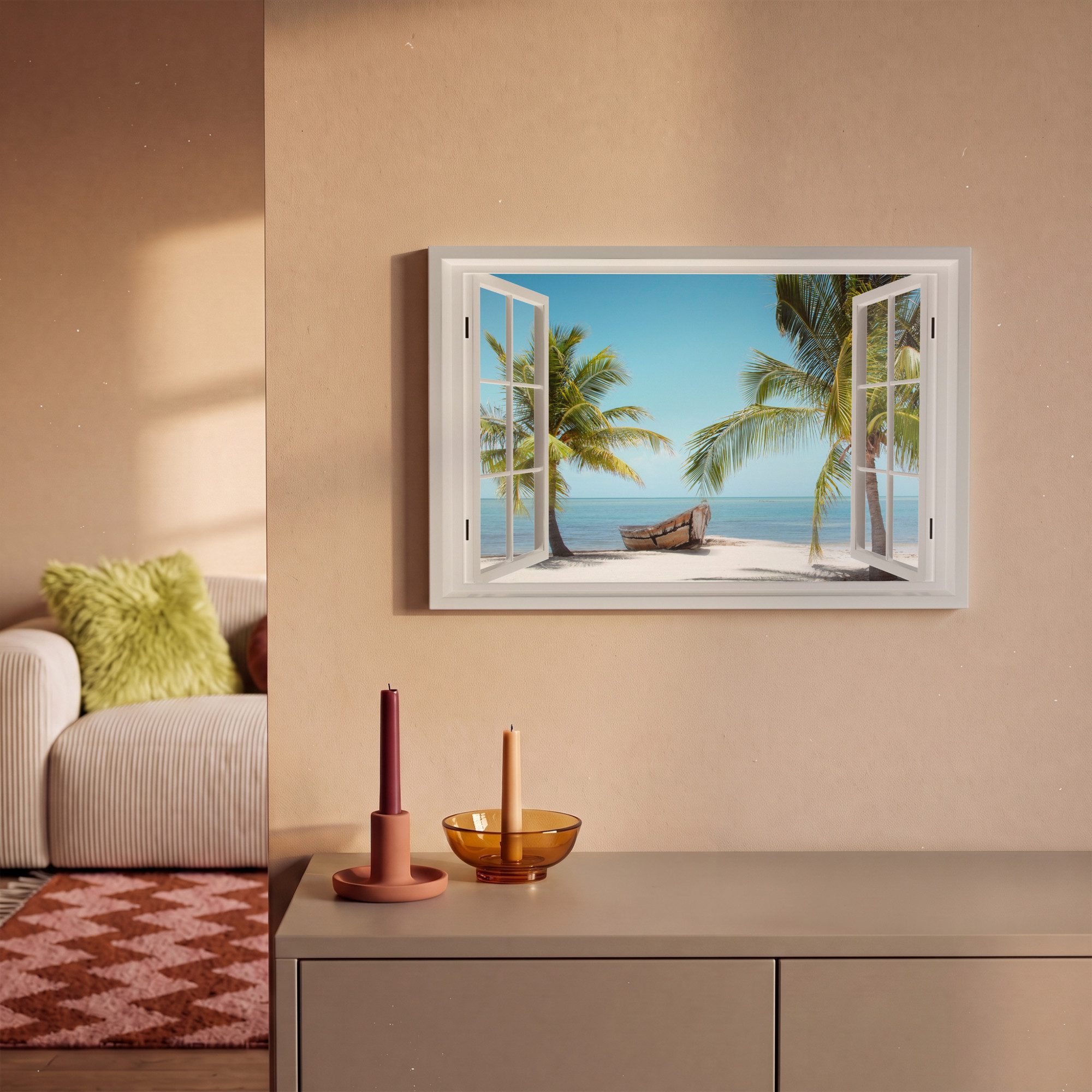 OneMillionCanvasses® Leinwandbild Aussicht - Strand - Palme - Boot - Tropisch - Meer - Blau, Fotodruck (1 St), Leinwand Bilder Klein, Wand Dekoration Aesthetic  – Bild 2 von 5