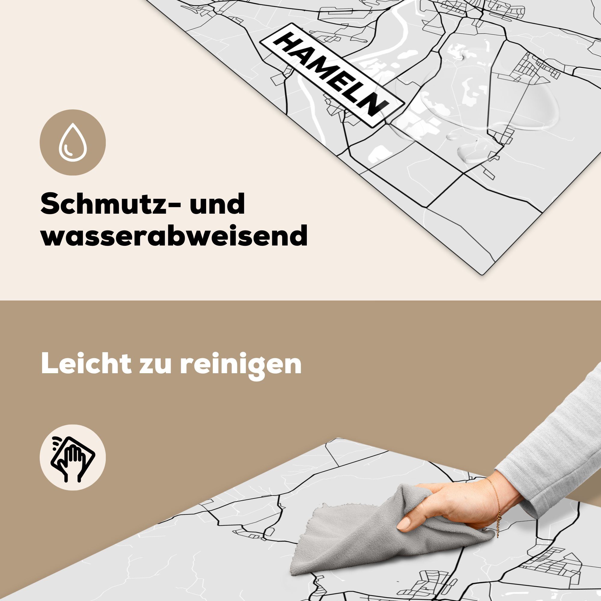 küche cm, (1 Karte, tlg), 78x78 Karte Herdblende-/Abdeckplatte Stadtplan - für Hameln Deutschland Vinyl, - Arbeitsplatte MuchoWow Ceranfeldabdeckung, - -