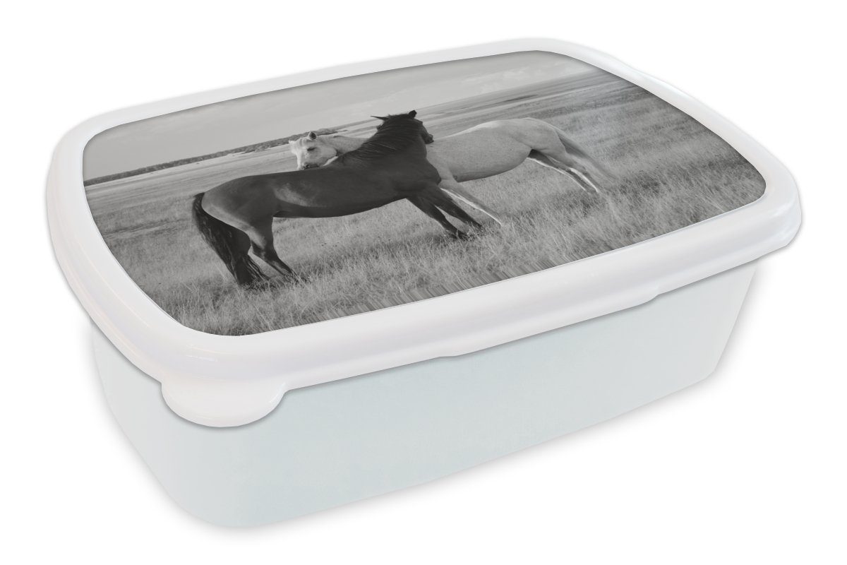 MuchoWow Lunchbox Pferde - Tiere - Porträt - Schwarz-Weiß - Landleben, Kunststoff, (2-tlg), Brotbox für Kinder und Erwachsene, Brotdose, für Jungs und Mädchen