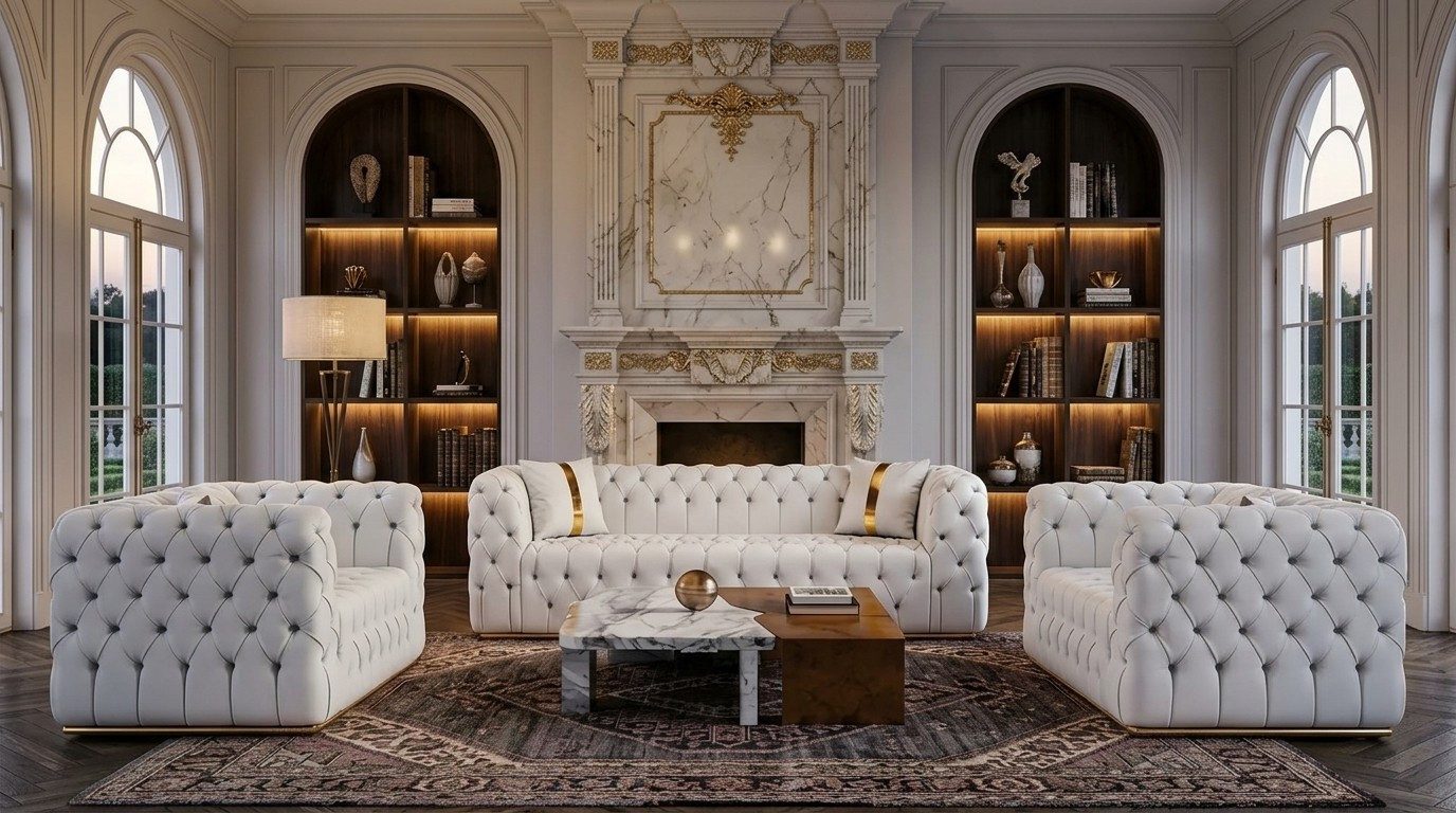 Xlmoebel Chesterfield-Sofa Elegante weiße Chesterfield Sofagarnitur mit 2 Sesseln, 3 Teile, Made in Europa