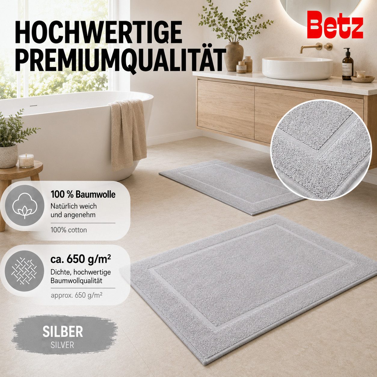 Betz Badematte 2 Stück Badvorleger Premium Badteppich Größe 50x70 cm, unbeschichtet, beidseitig nutzbar, beidseitig nutzbar, Baumwolle, Qualität 650g/m² – Bild 3 von 5