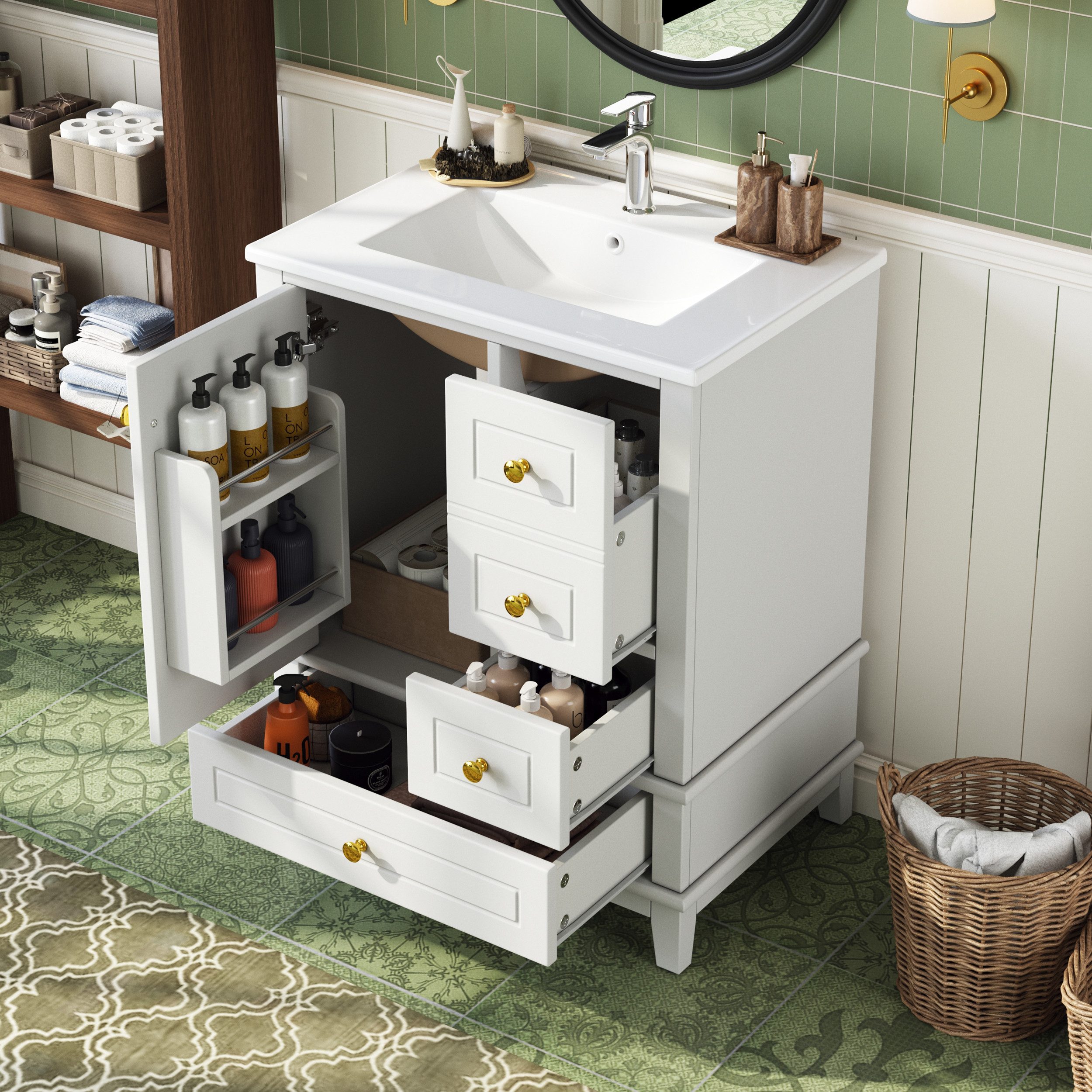 Flieks Waschtisch mit 3 Schubladen und Türregal, Waschbeckenunterschrank mit Waschbecken (B61/T47/H86 cm, 1-St., bodenstehend), Badezimmerschrank mit Keramikbec – Bild 3 von 5