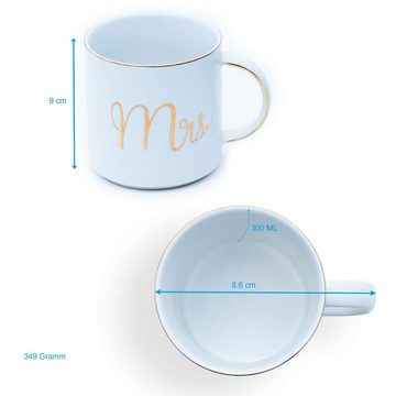 Intirilife Tasse, Porzellan, Kaffeetasse mit Goldrand und Aufschrift Mrs Mr 300 ml Teetasse Becher