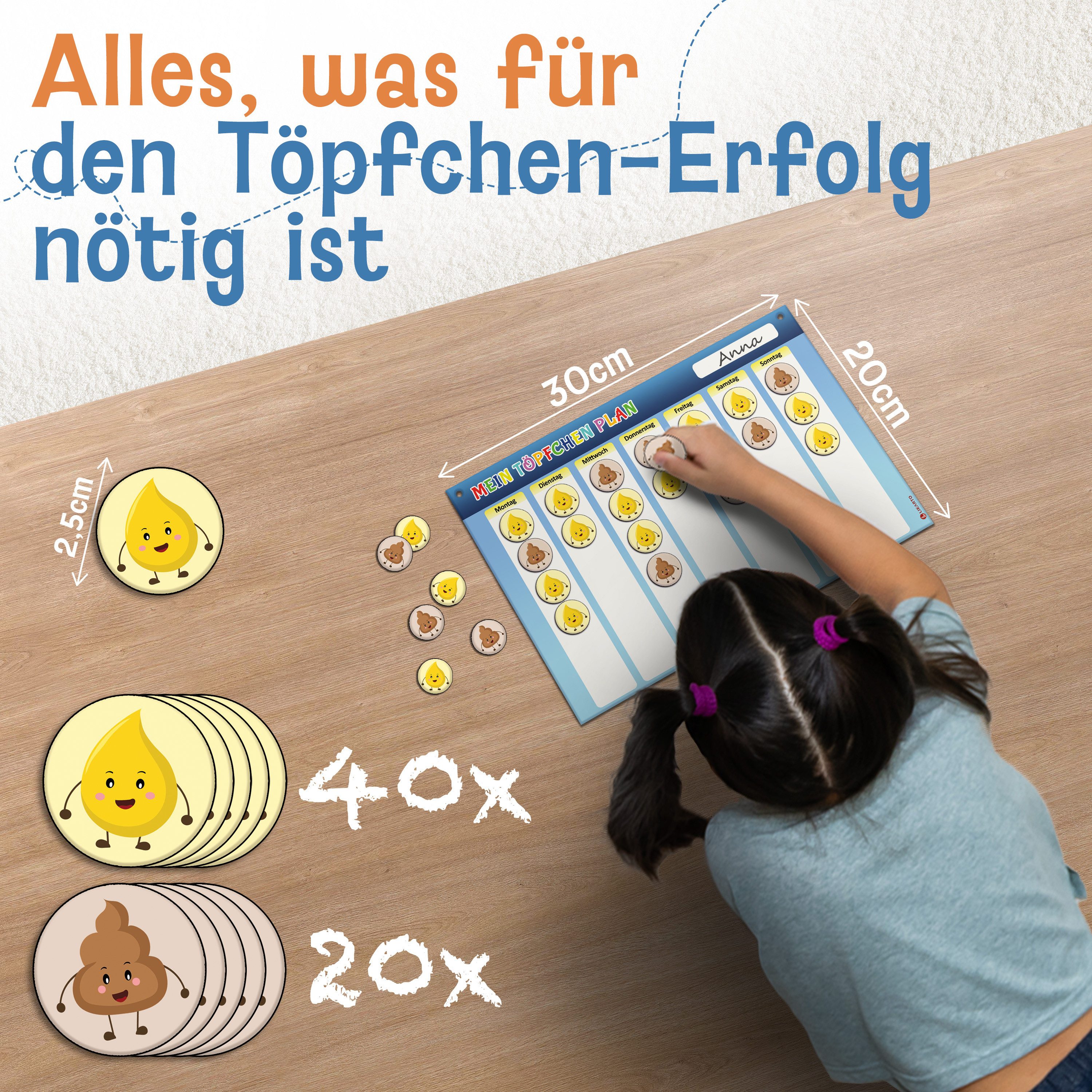 Likarto Lernspielzeug Töpfchen Training für Kinder magnetisch - Magnettafel inkl. 60 Magnete, Mit Kordel - Komplett beschreib- und abwischbar