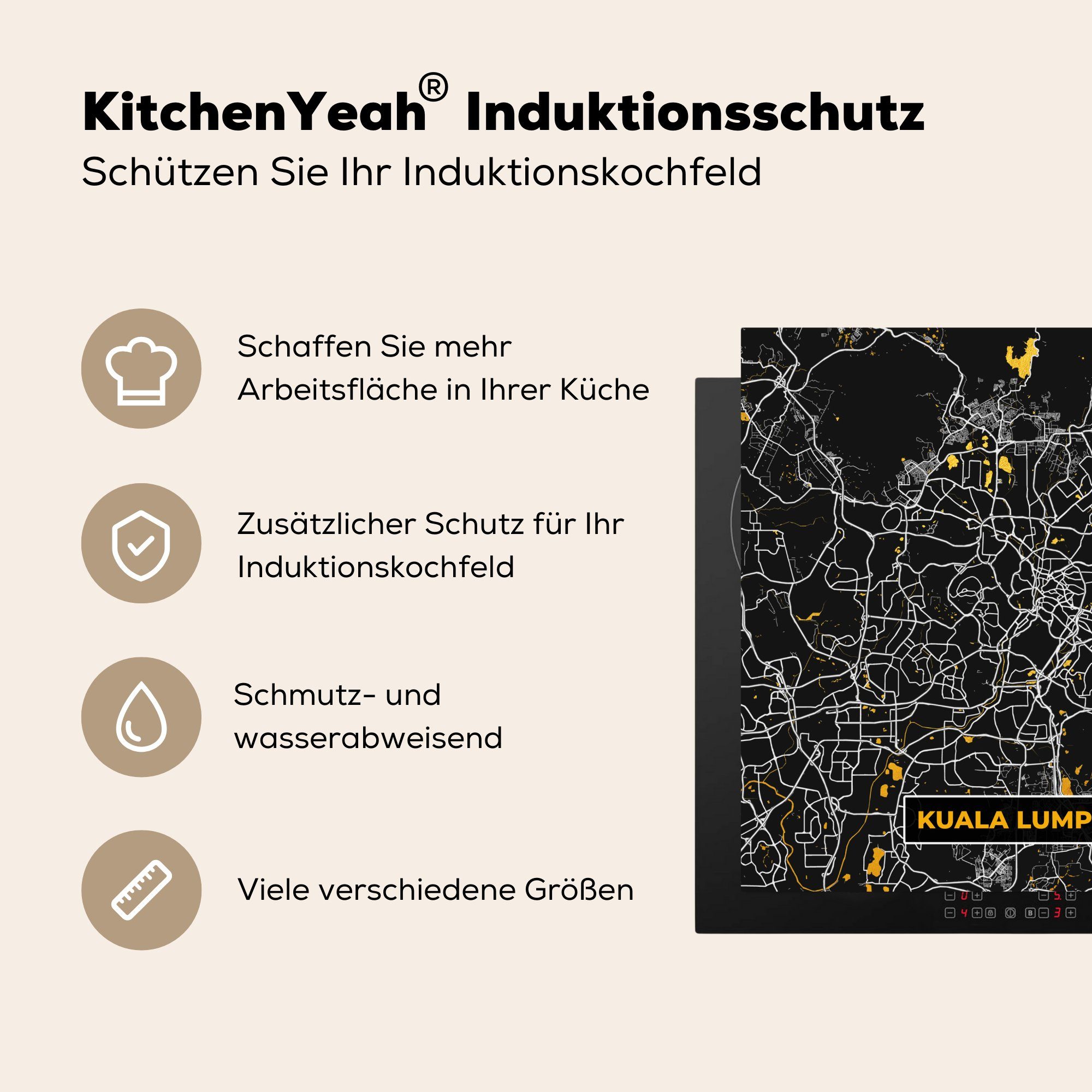 MuchoWow Herdblende-/Abdeckplatte Kuala - Arbeitsplatte Stadtplan cm, Karte, Ceranfeldabdeckung, küche Lumpur (1 - - Gold für 78x78 tlg), Vinyl
