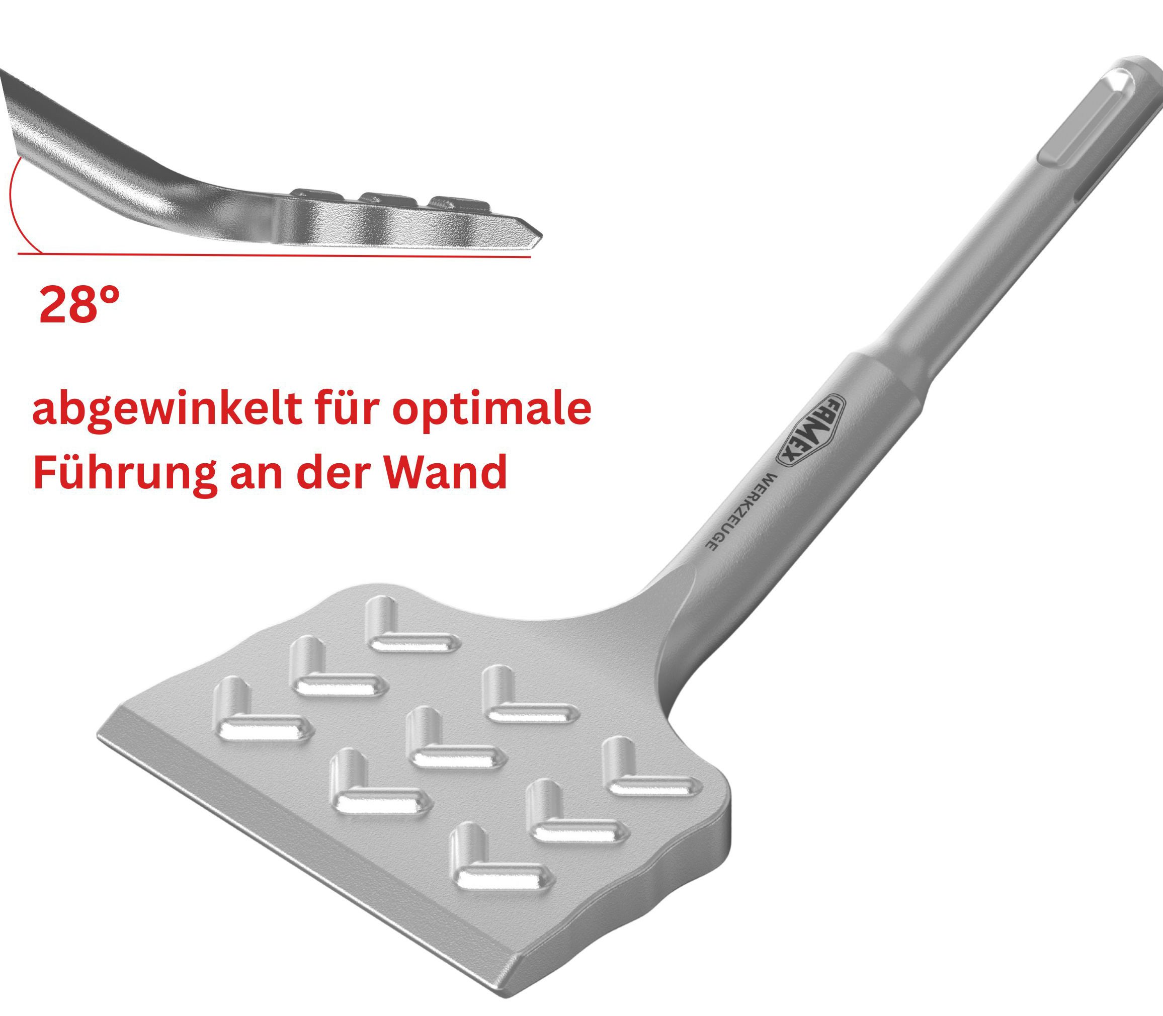 FAMEX Spatmeißel 8342 SDS Plus Fliesenmeissel, für SDS-Plus, (Fliesenmeißel, Hochleistungsstahl, 1-tlg., PROFESSIONAL, 28) 75x165 mm, abgewinkelt, breit – Bild 5 von 5