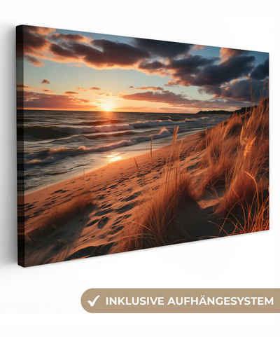 OneMillionCanvasses® Leinwandbild Strand - Sonnenuntergang - Dünen - Meer - Hochgras, Sonnenuntergang - Dünen (1 St), Wandbild XXL für Wohnzimmer Küche 120x80 cm