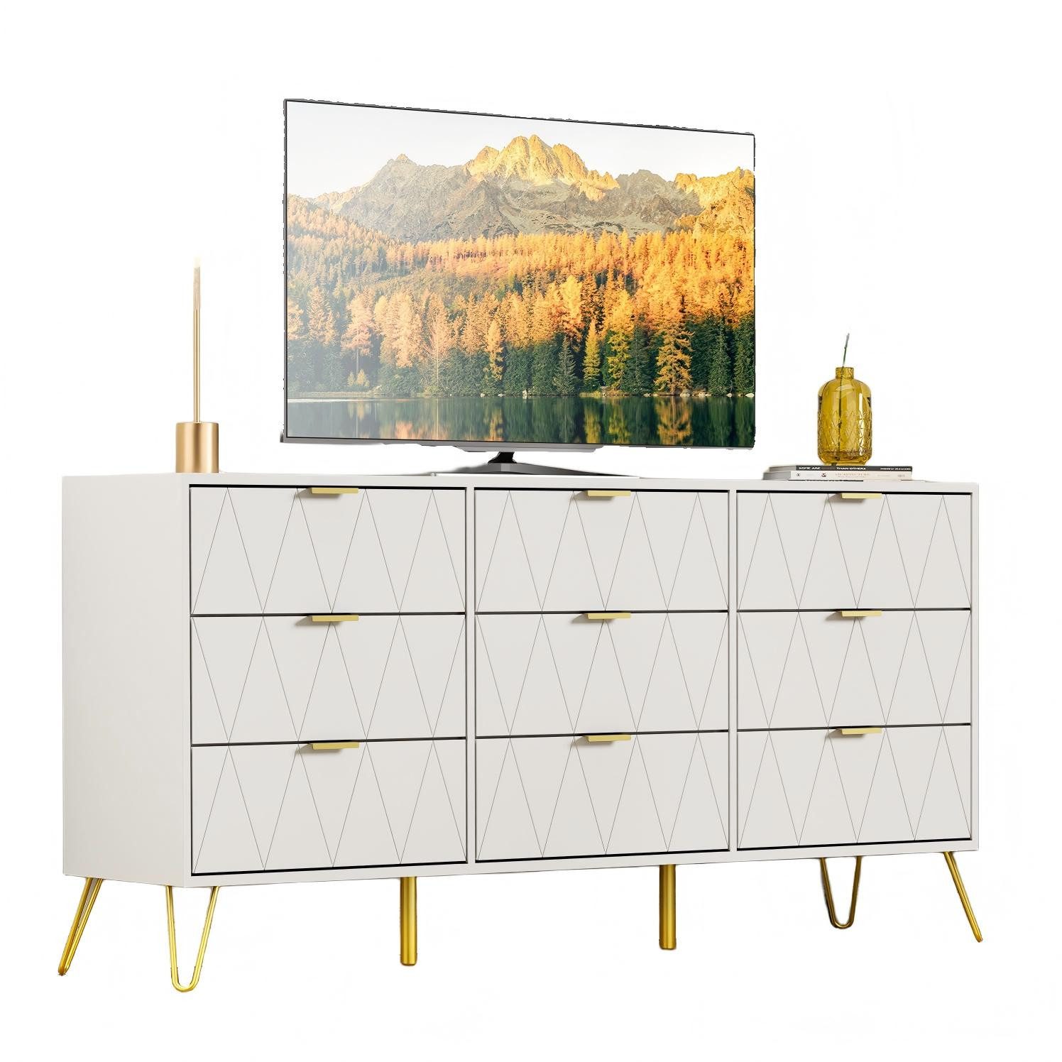 UEV Kommode mit 9 Schublanden, Sideboard groß, TV Board Schubladenschrank Buffet (2 Packung, Schubladenschrank für Wohnzimmer Schlafzimmer Flur), Kippsicherung 150x34x74cm Aufbewahrungsschrank Schmal kommode