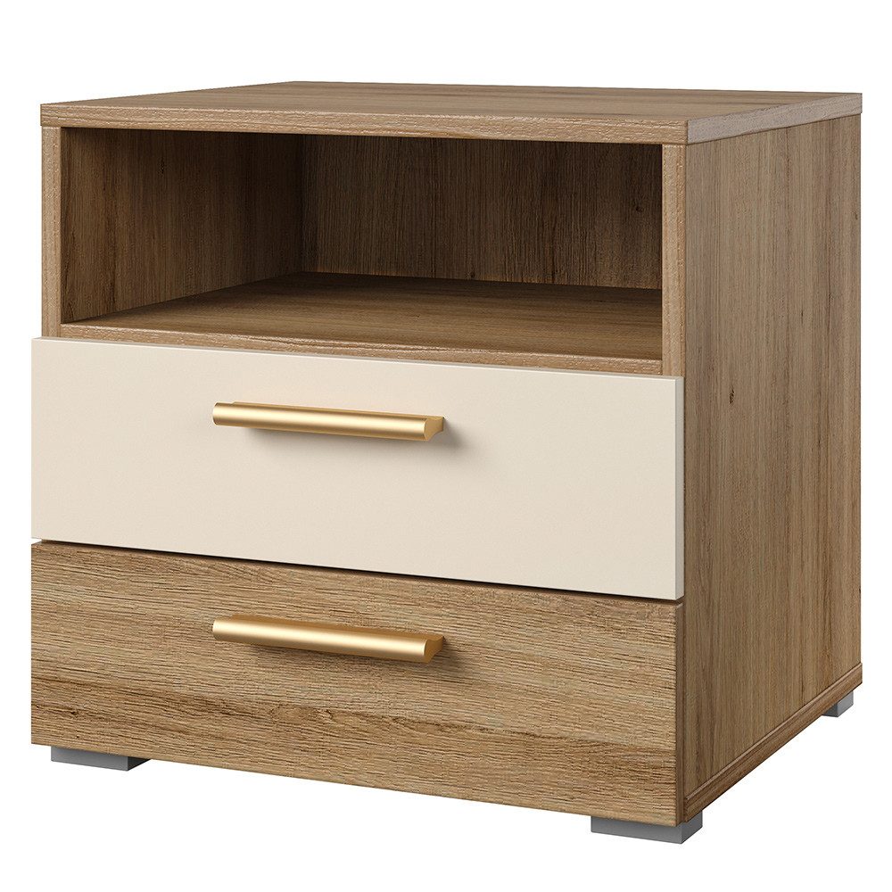 Lomadox Nachttisch VARESE-83, Eiche beige 2 Schubladen Griffe goldfarben 46x45x40,5 cm