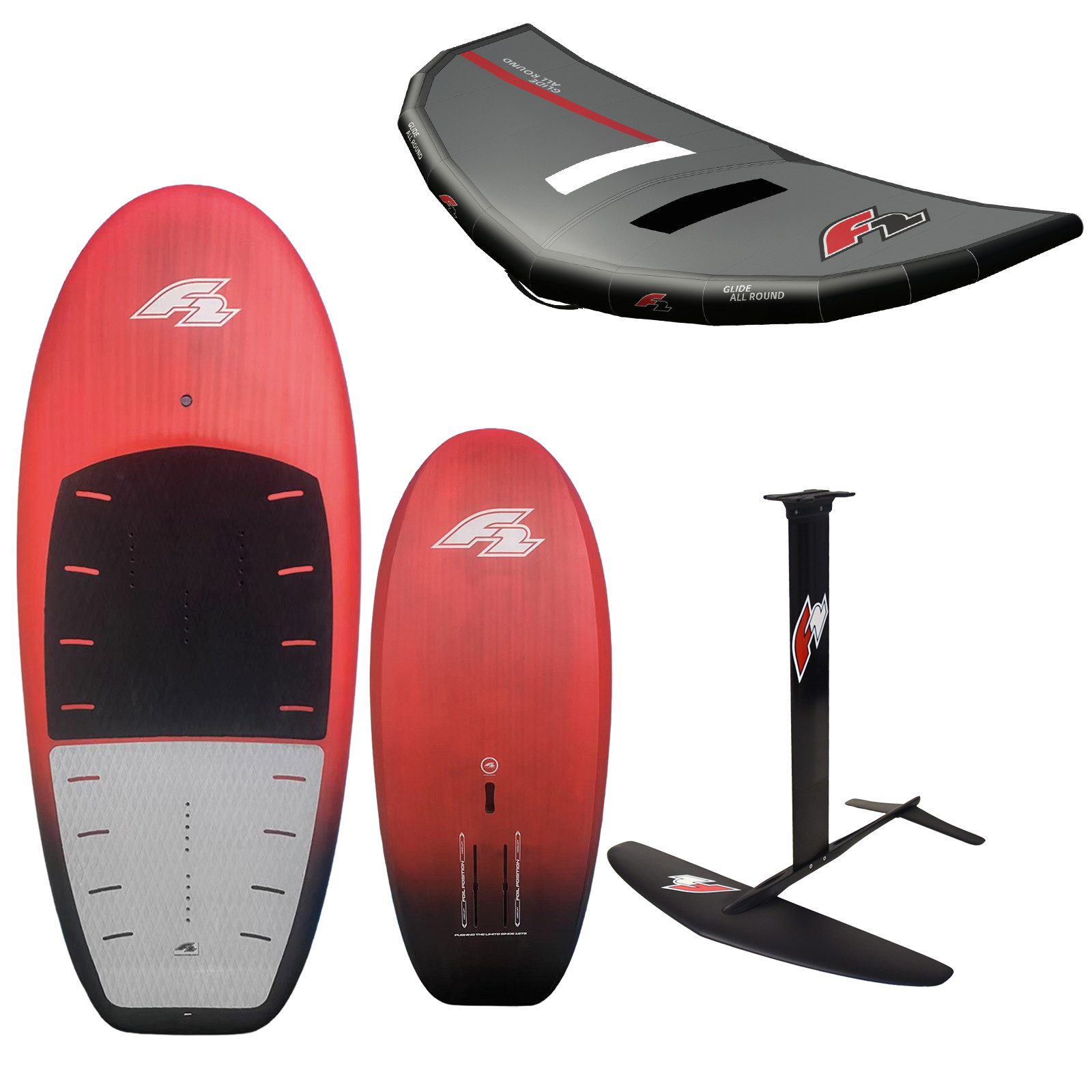 F2 Kiteboard F2 Set Foilboard Glide Strato Team Rot 120L + Alu Foil 1700 + Wing 6qm
