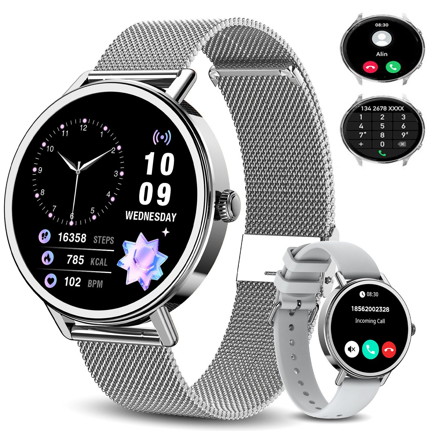 blackview Smartwatch X30 1,26″ für Damen mit Telefonfunktion undFitness-Tracking Smartwatch (4 cm/1.26 Zoll, iOS/Android) Set, mit Wechselband aus weichemSilikon und Ladekabel, 5 Tage Akkulaufzeit/2 Armbänder/HF&SpO₂& Blutdruck/100+ Sportmodi,IP68
