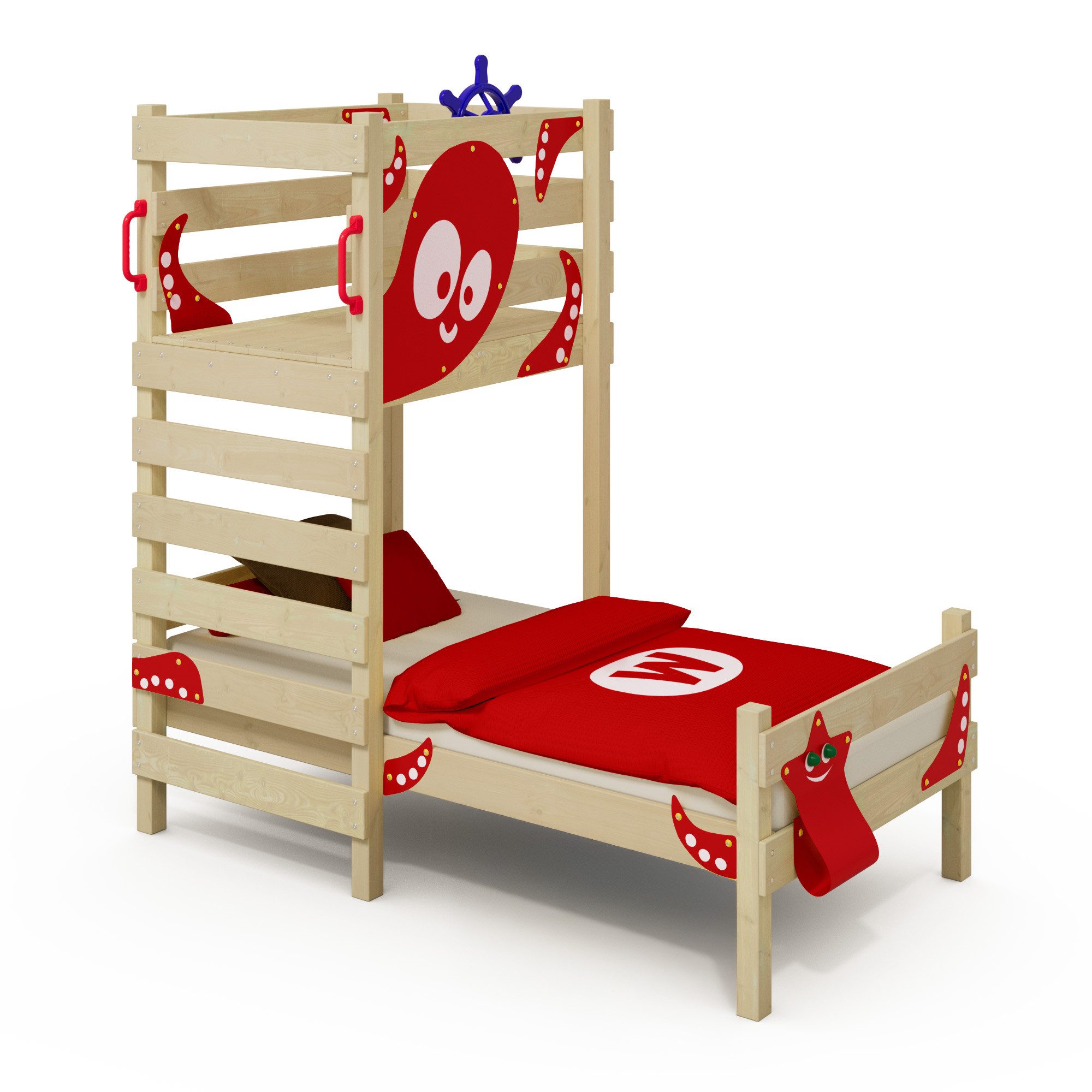 Wickey Kinderbett Crazy Octopus Spielbett 90x200 cm mit Podest und Kletterleiter (Set, individuell gestaltbar - stabil und alltagstauglich), Kinderbett aus Massivholz 90x200 cm